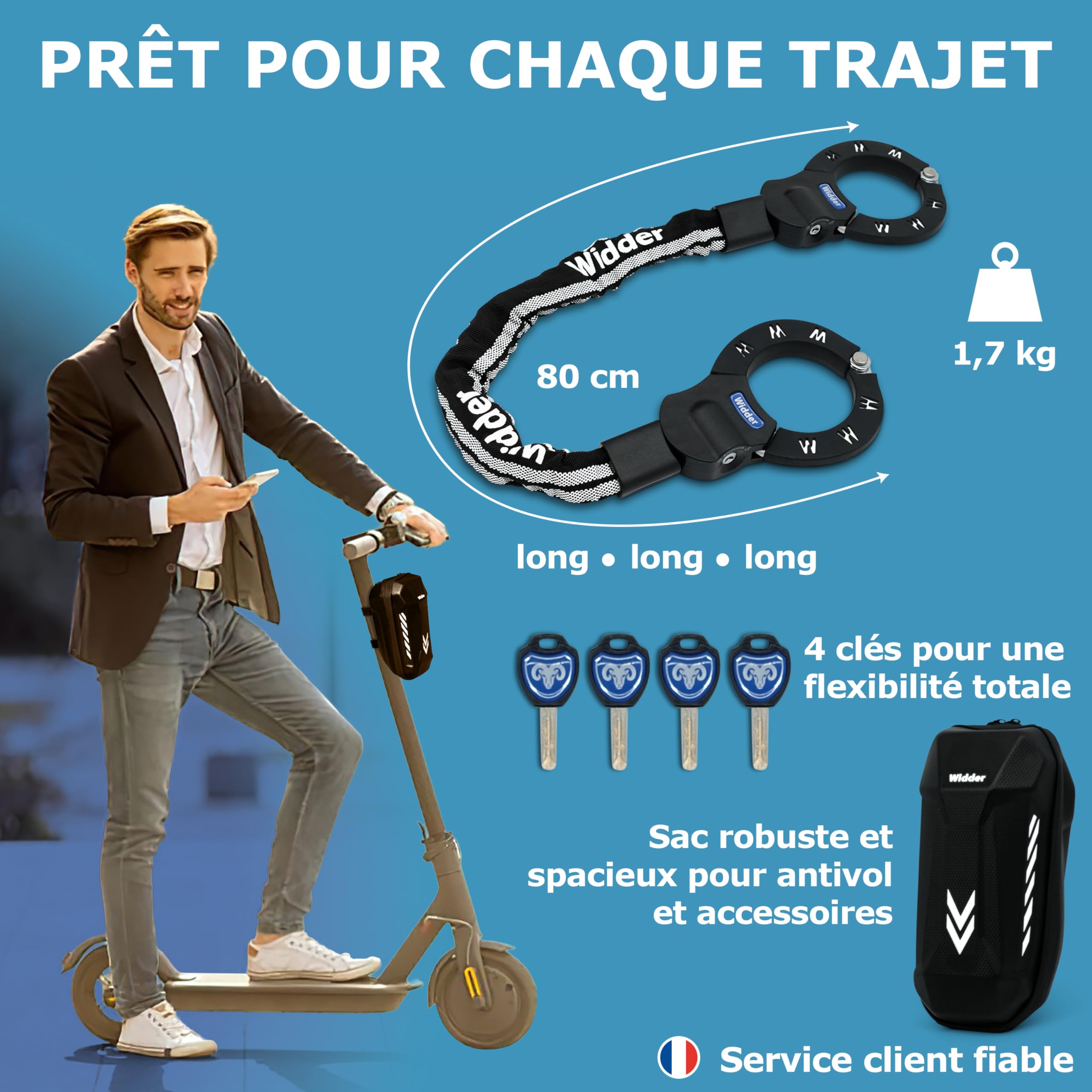 WIDDER Antivol à menottes sécurisé – 80 cm, 4 clés, acier massif 8 mm | Antivols pour e‑trottinette avec sac – Antivol à menottes pour e‑trottinette & vélo – Anti vol velo haute sécurité