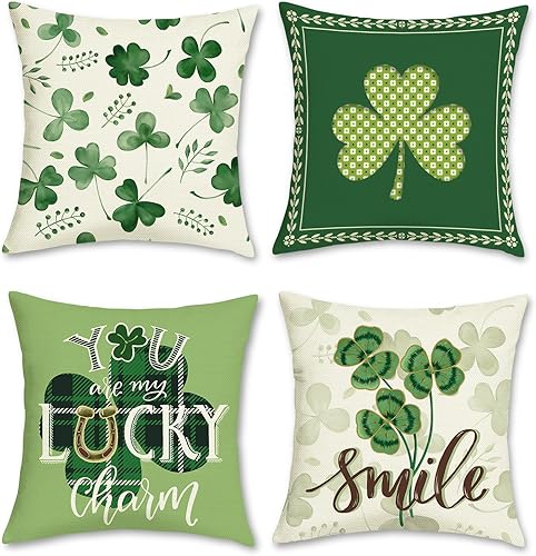 Bonhause Juego de 4 fundas de almohada para el día de San Patricio de 18 x 18 pulgadas color verde trébol de la suerte fundas de cojín decorativas