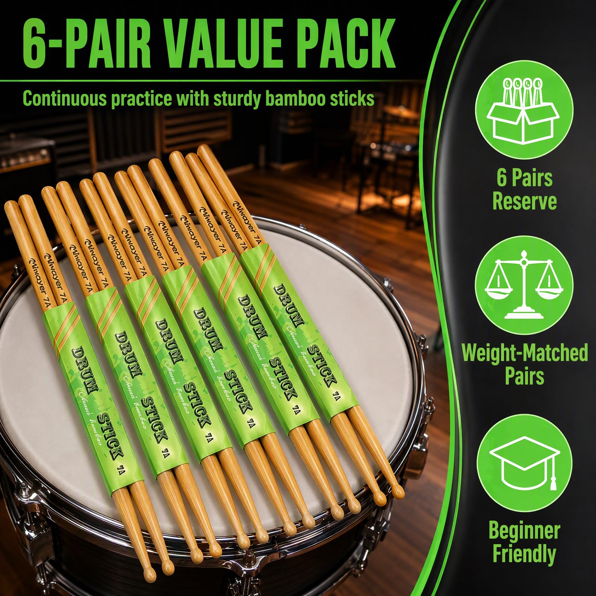 Miwayer Lot de 6 paires de baguettes en bambou 7A de 15,2 cm légères et durables avec embouts en forme de goutte pour instrument de musique et percussion (bambou 7A 6 paires)