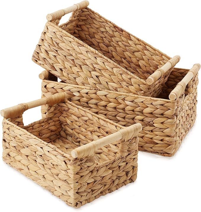 Casafield Set of 3 Water Hyacinth Rectangular Storage Baskets with Wooden Handles - Small, Medium, and Large Woven Nesting Baskets for Organizing