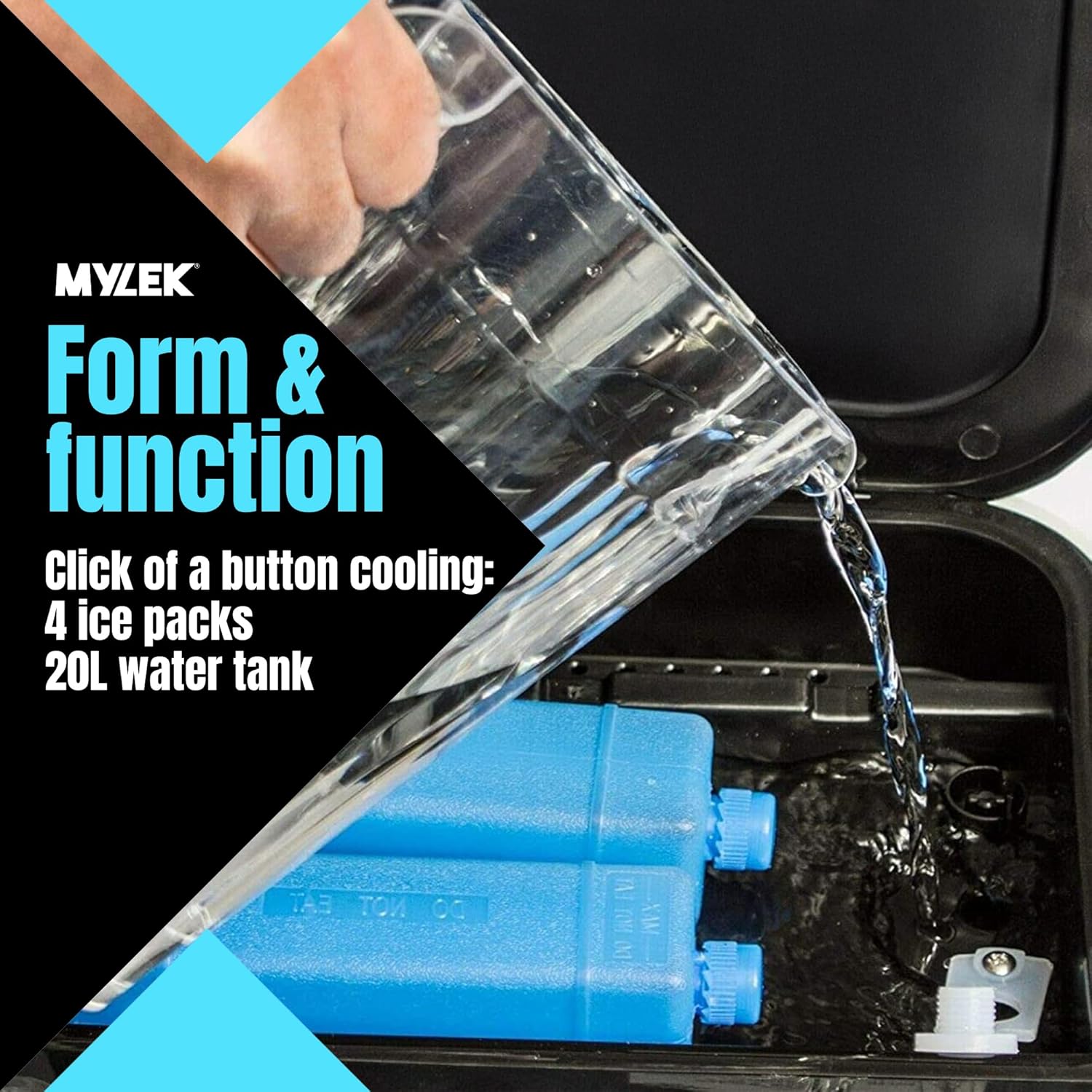 Hand pouring water into the MYLEK Air Cooler's water tank, with ice packs visible