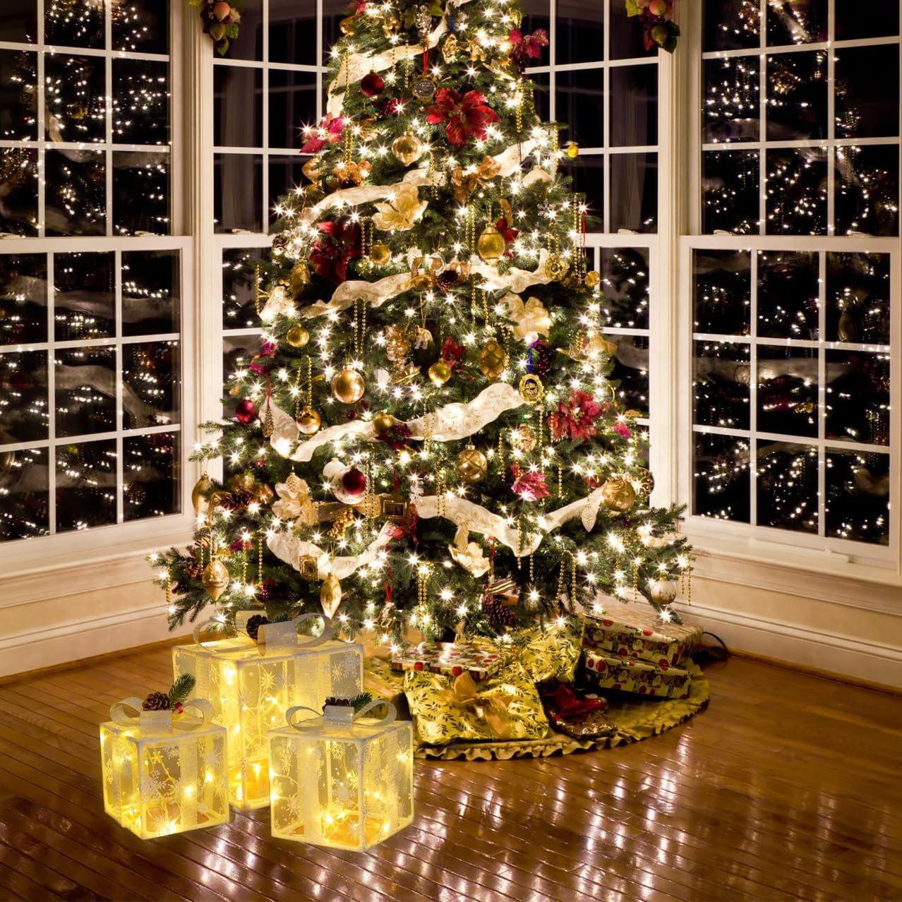Christmas Lighted Gift Boxes with Snowflake Ornament,Set of 3 Christmas Lighted Gift Boxes,Battery Operated Light up Present Boxes,60 LED Warm White Lights with Bows for ChristmasNight Décor (Snow)