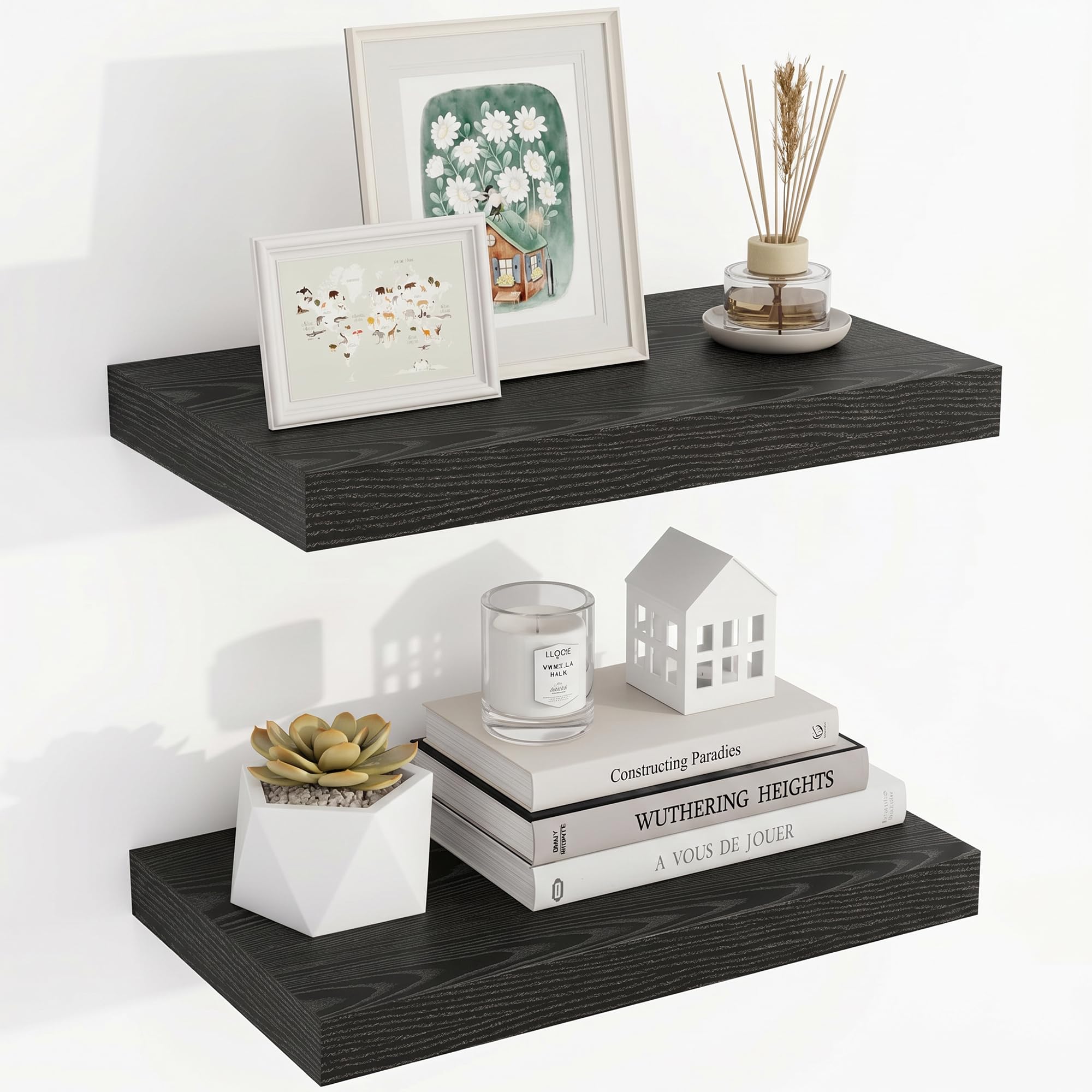 Acovy Floating Shelves for Wall, 23.5cm Extra Deep 40cm Long Wooden Wall Mounted Shelf, Wall Shelves for Living Room Bathroom Bedroom Kitchen, Black, Set of 2