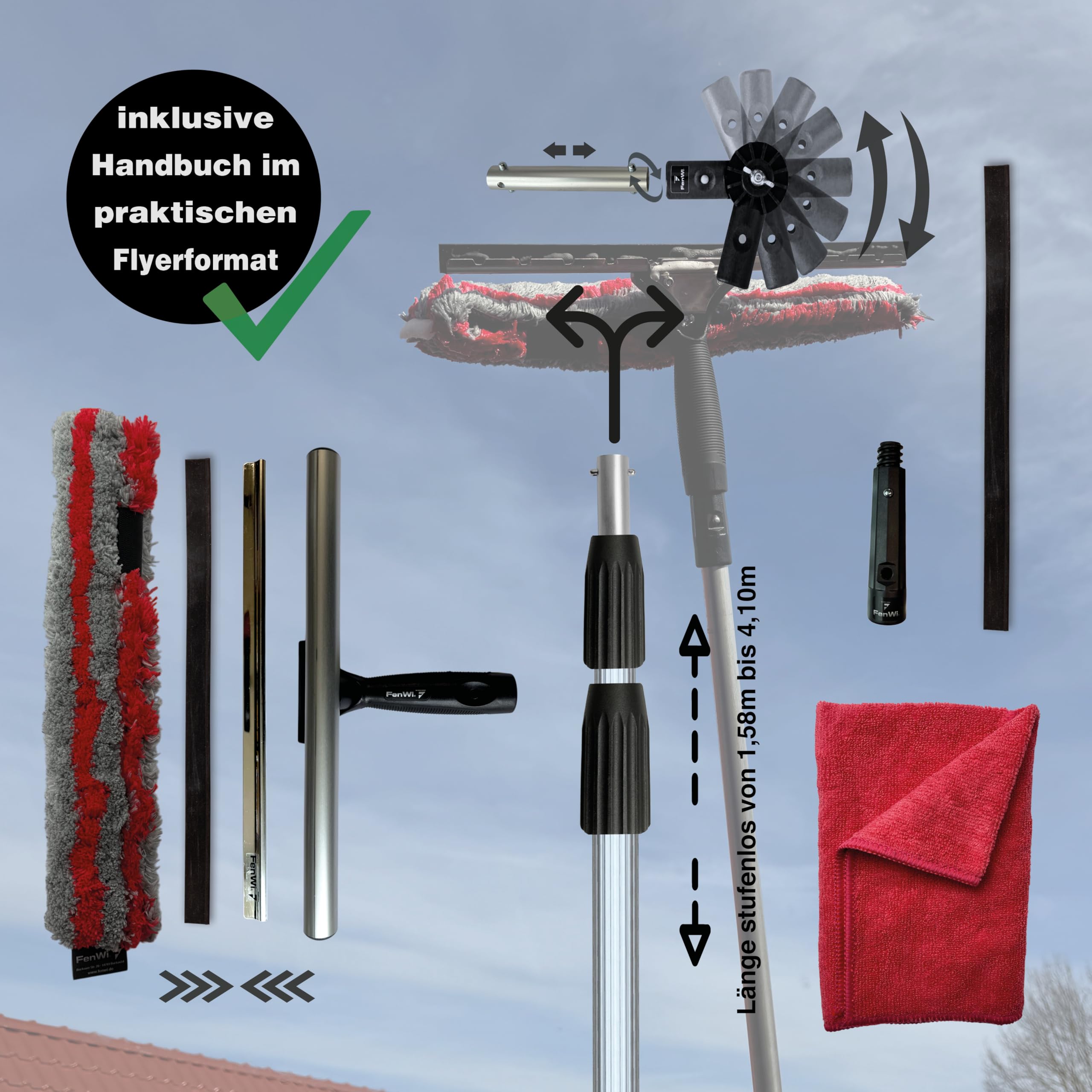 FenWi 4m Fensterreiniger Profi Set mit 400 cm Alu Teleskopstange Gummilippe Kombi Fensterwischer Mikrofaser 35/40cm Winkelgelenk + Zubehör zum Fenster putzen I Reinigung von Solaranlage Photovoltaik