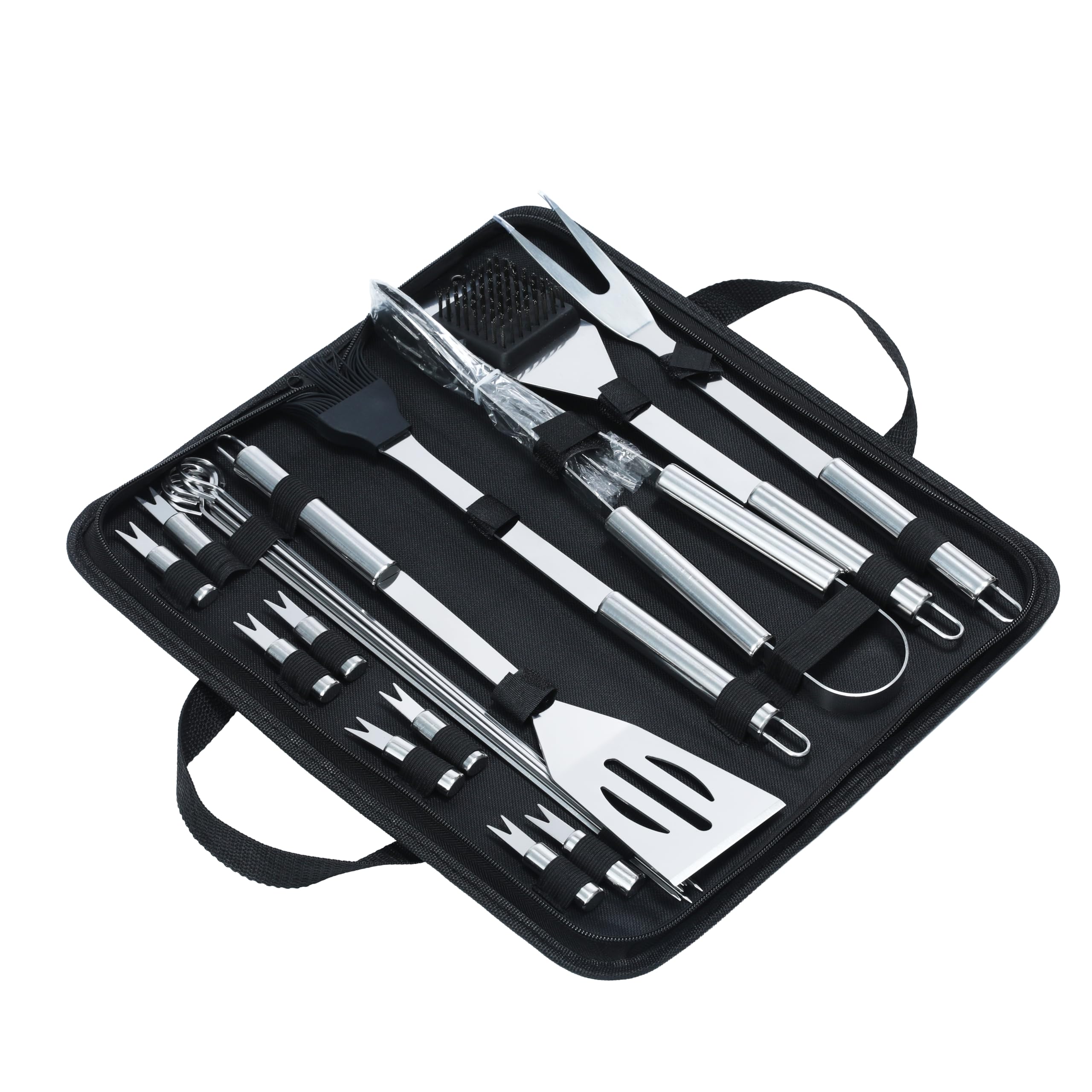 VIROSA 20 Piece Stainless Steel BBQ Tool Set with Portable Carry Case – Professional Barbecue Grill Accessories Kit with Spatula, Tongs, Skewers & Corn Holders for Camping & Garden
