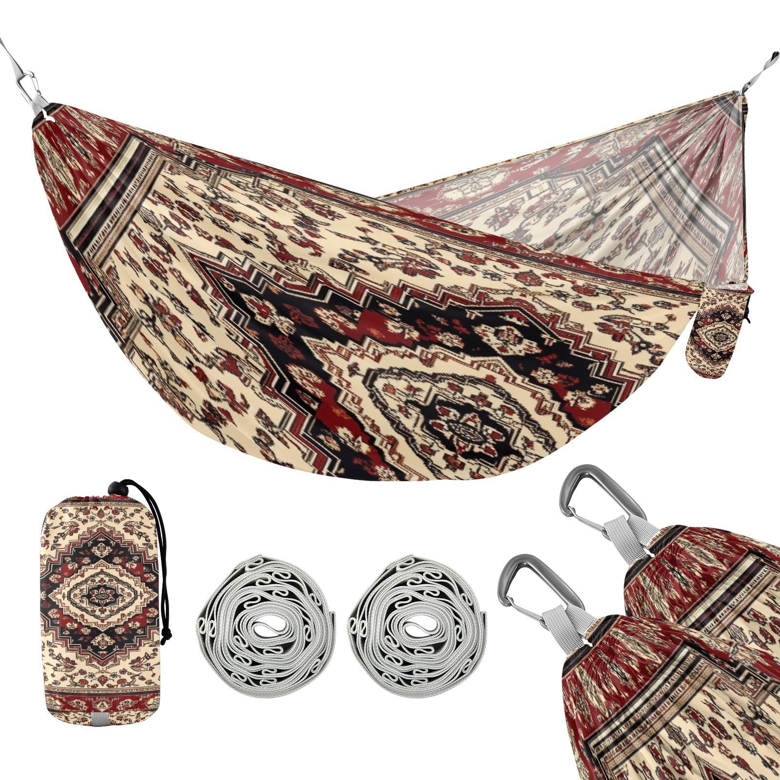 Haskirky Ethnic Print Camping Hammock, Single Portable Hammocks with Tree Straps & Attached Carry Bag, 330Lbs Capacity Perfect for Outside Indoor Hiking Beach Backpack Travel