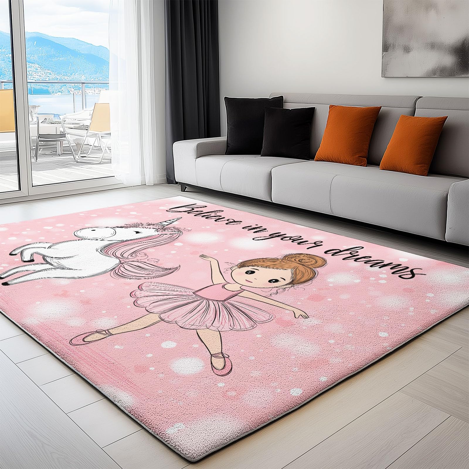 Waschbarer Rutschfester Teppich 80 x 150cm, Süße Ballerina Mädchen und Einhorn, Leichte und Flauschig Matte, Strapazierfähig für Flur, Eingangsbereich, Wohnzimmer Kinderzimmer Teppiche Gegend