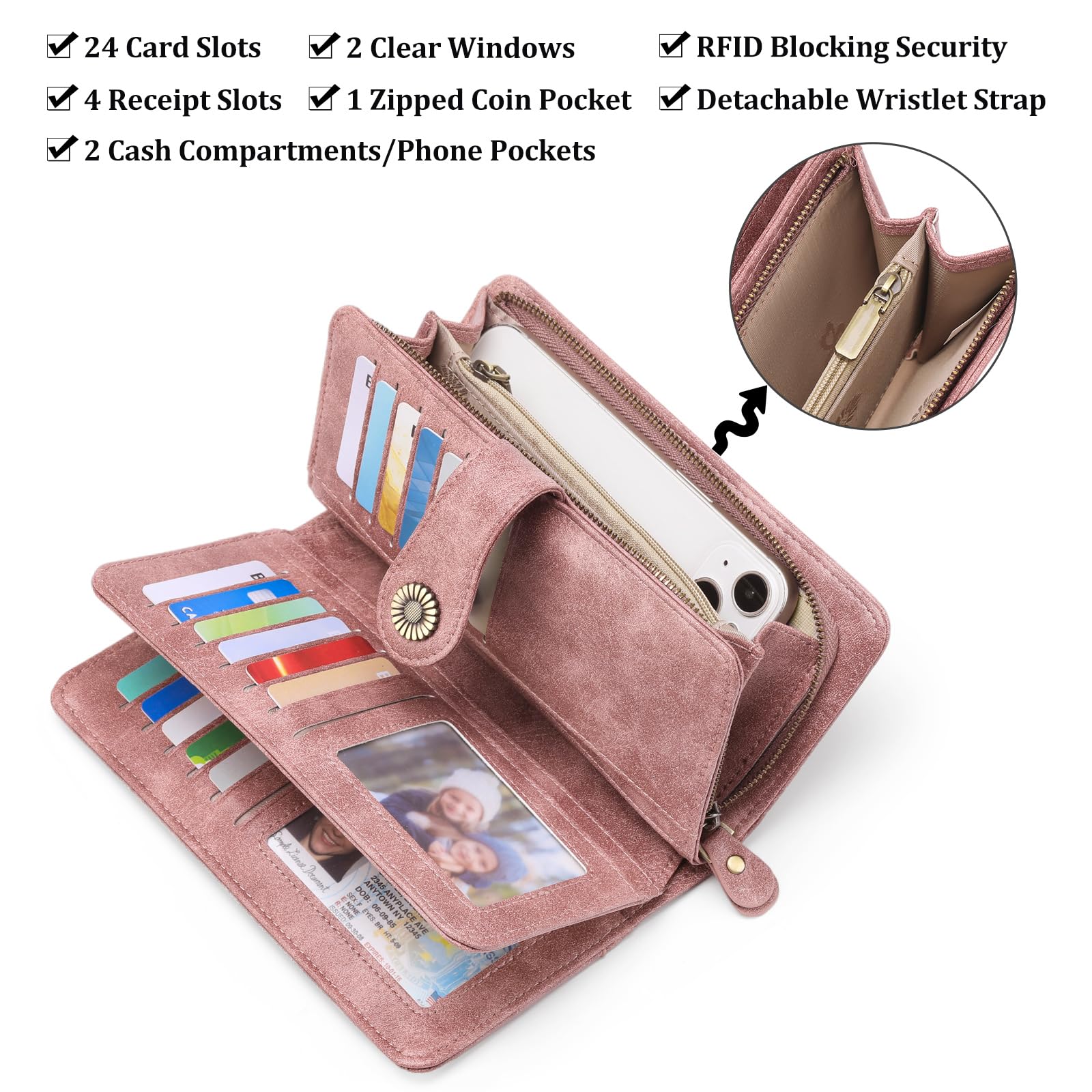 FALAN MULE Women Leather Wallet Large Capacity Bifold RFID Blocking Card Holder with Zipper Coin Pocket
