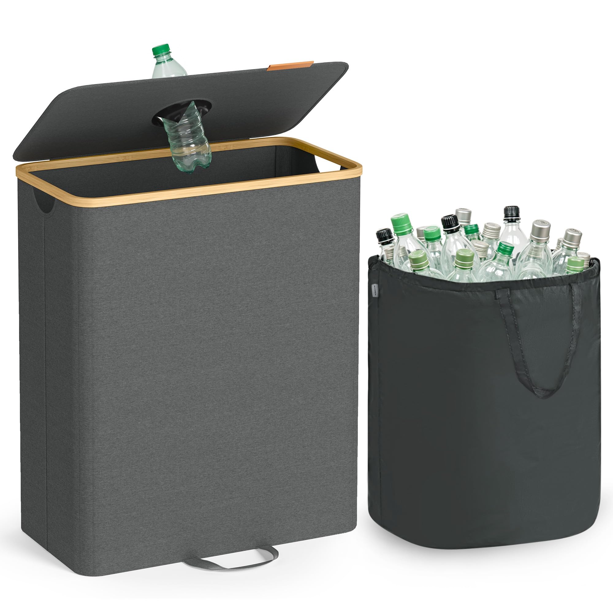 SONGMICS Pfandflaschen-Sammelbehälter, 135 L Pfandflaschen-Behälter, Flaschensammler Leergut, Recycling-Behälter, mit Loch, Deckel, Innensack mit Griffen, Küche, schiefergrau-naturbeige RRB513G01