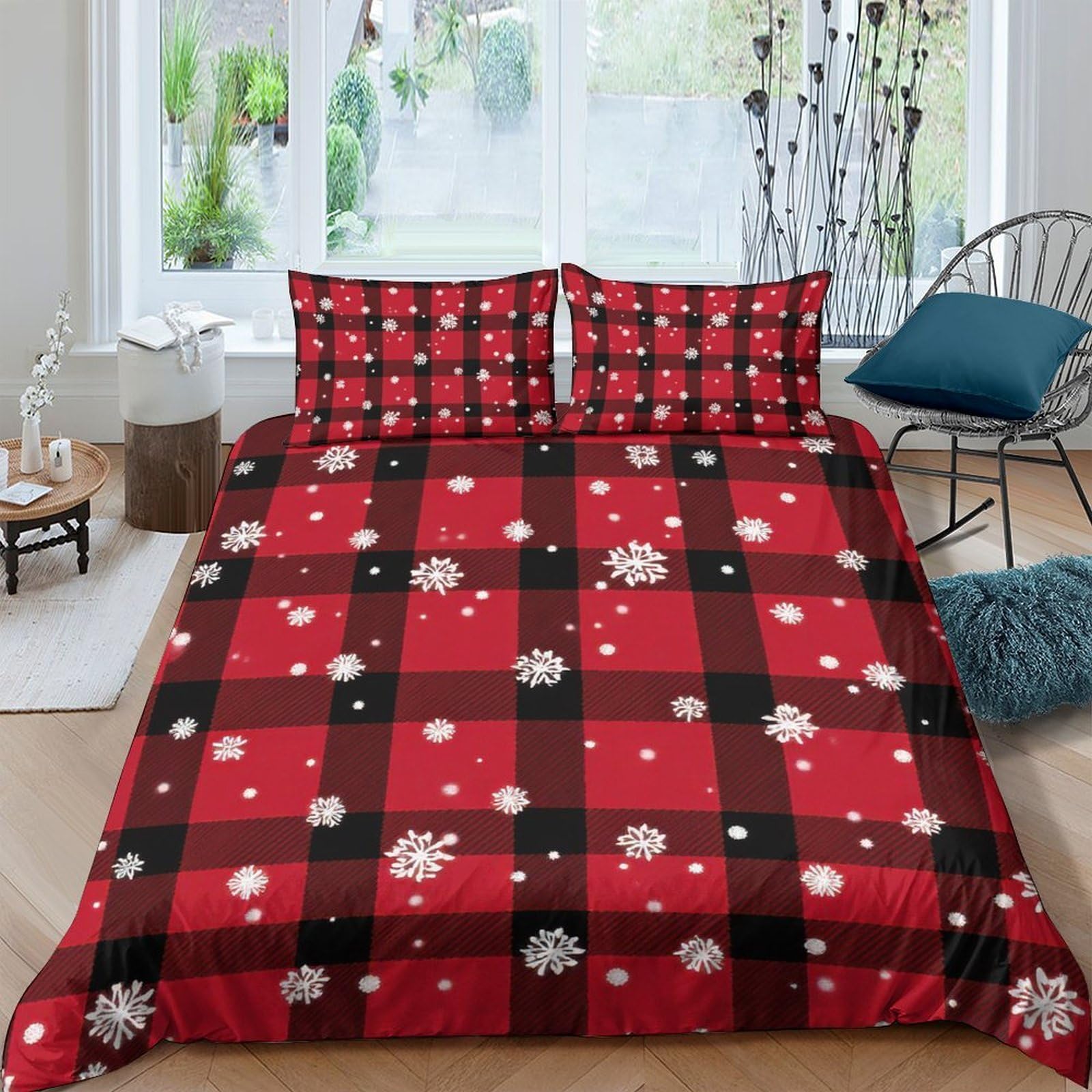 Ctjqhvkz Style-4 3D Printed Red Plaid Snowflake Fitted Sheet Microfiber Soft Breathable Christmas Bedroom Bed Cover Decor Single（135X200cm）
