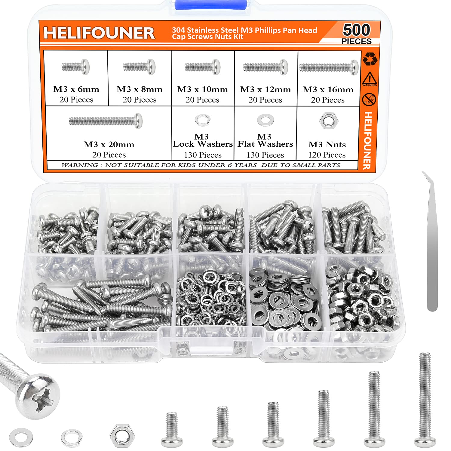 HELIFOUNER 500 Pieces M3 x 6mm /8mm /10mm /12mm /16mm /20mm, Phillips Pan Head Machine Screws, Metric Screws Bolts Washers Nuts Kit, 304 Stainless Steel