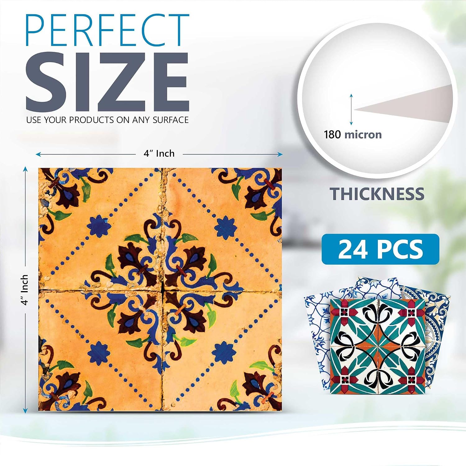 Backsplash Tile Stickers 24 PC Set Authentic Traditional Talavera Tiles Stickers Bathroom & Kitchen Tile Decals Easy to Apply Just Peel and Stick Home Decor 4x4 Inch (Portuguese Pattern HA3)