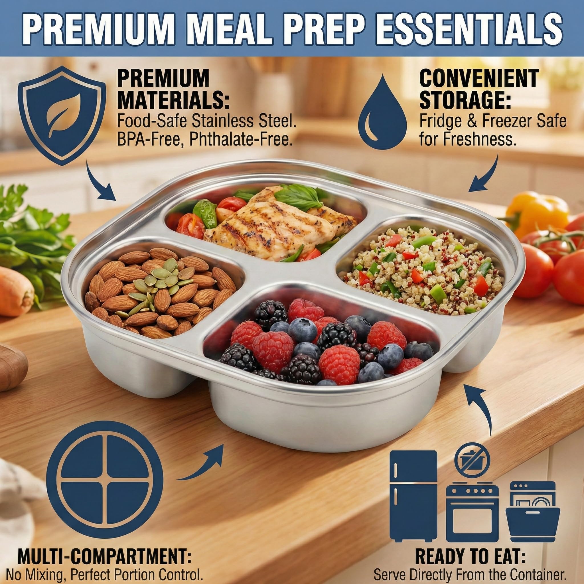PANOMNIWARE 4-Pack Stainless Steel Plates with Lids, 4-Compartment Divided Plates for Weaning Baby/Toddler/Kids, Snacks - Image 3