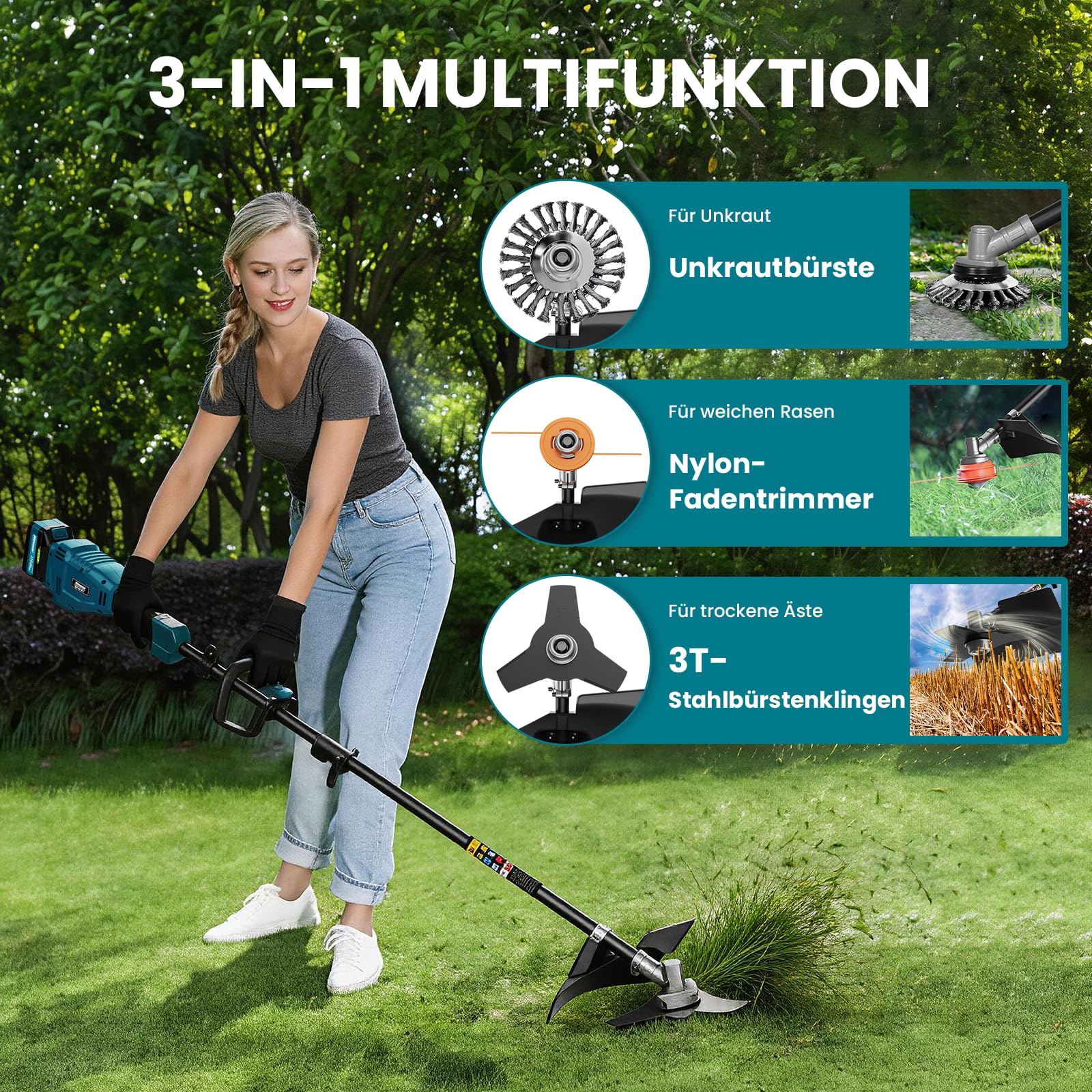 Rasentrimmer mit Akku, 26 cm Akku Freischneider mit Frontmotor, 2 x 5200 mAh Akkus und Ladegerät, 8000/12000 U/min, 3 Klingen, Verstellbarem Schaft und D-Griff, für Rasenkanten, Hohes Gras und Garten