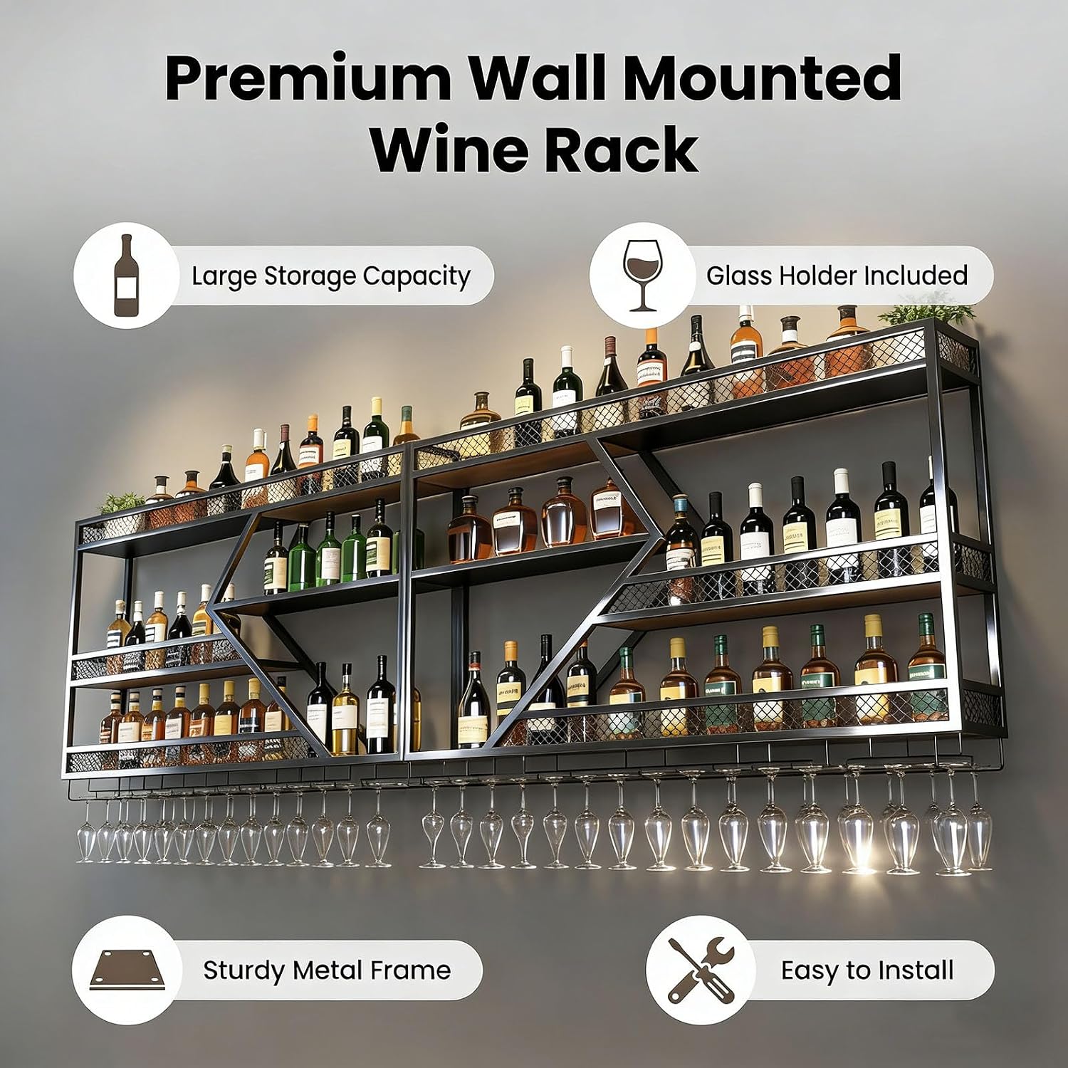 Wall Mounted Wine Rack, 71 Inch, 3-Tier Metal Bottle Shelf with Wine Glass Holder and LED Lights, Industrial Style for Home Bar, Restaurant (Black, 71in)