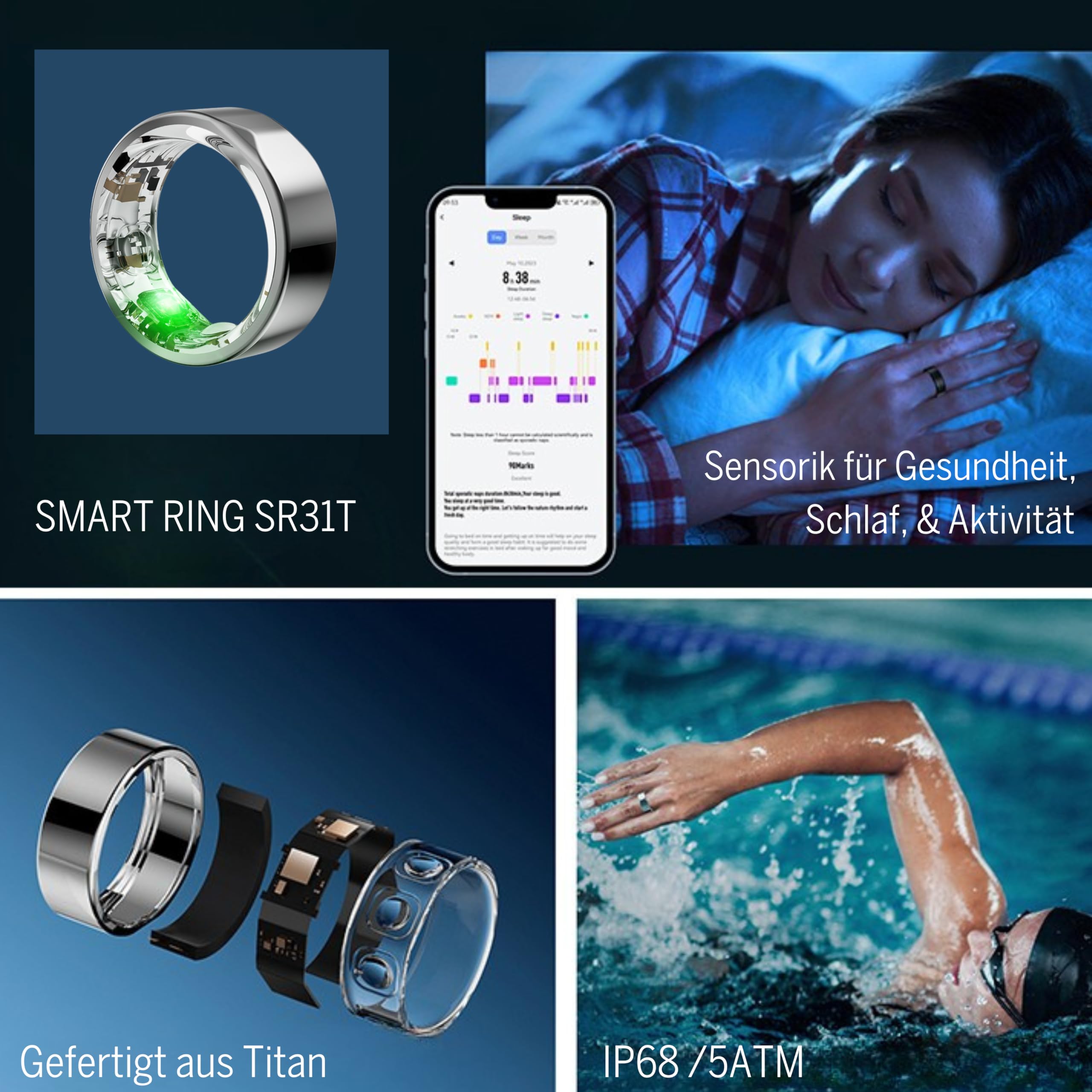 Beafon, Felixx, anello intelligente, SR31T, titanio, argento, misura 13 (69,8 mm), fitness tracking, frequenza cardiaca, ossigeno nel sangue e pressione sanguigna, monitoraggio dello stress, IP68