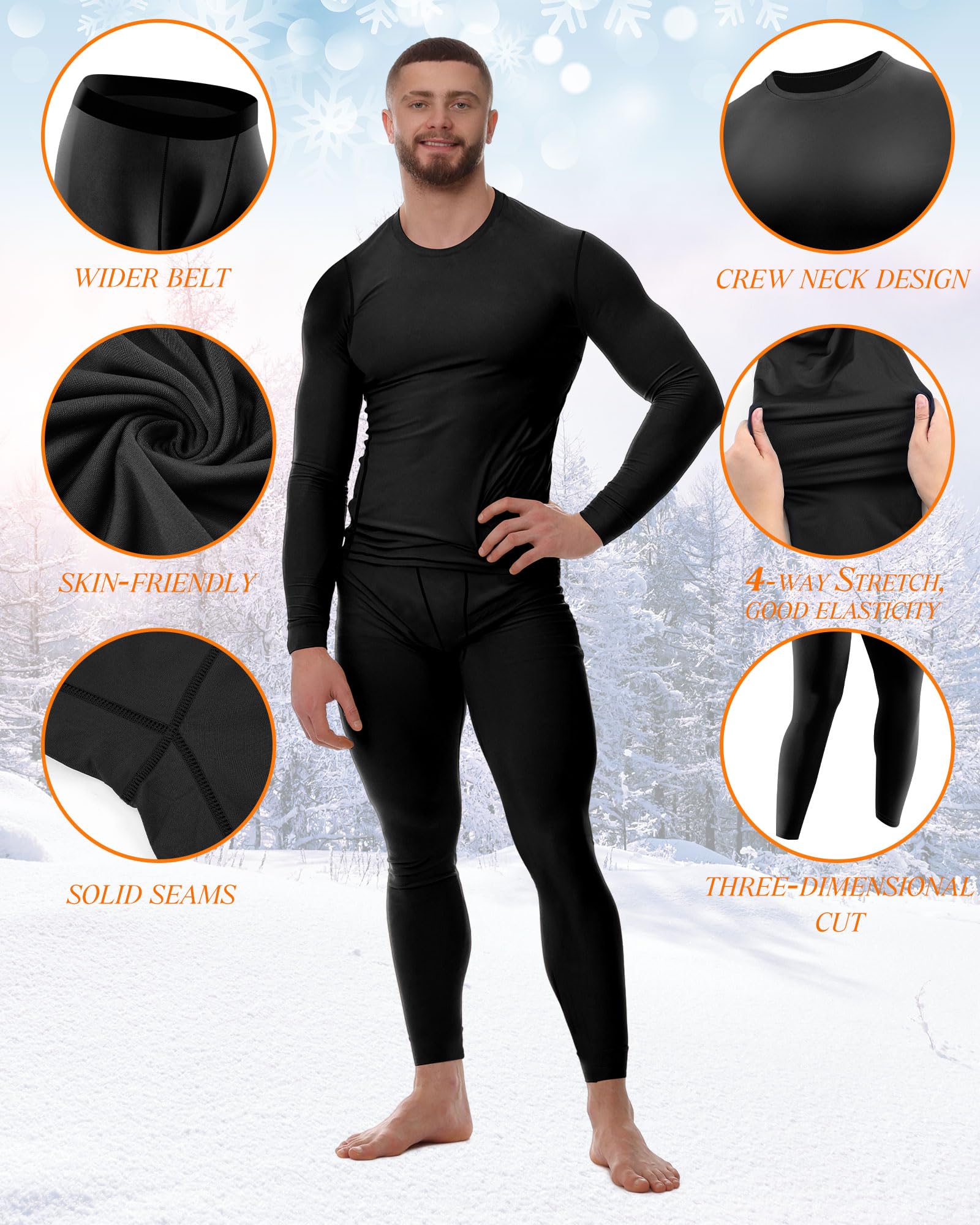 Juego de 3 ropa interior térmica de invierno para hombre, pantalones largos, capa base para hombre, clima frío, forro polar, parte superior inferior para equipo de caza, deporte, Negro, azul marino,