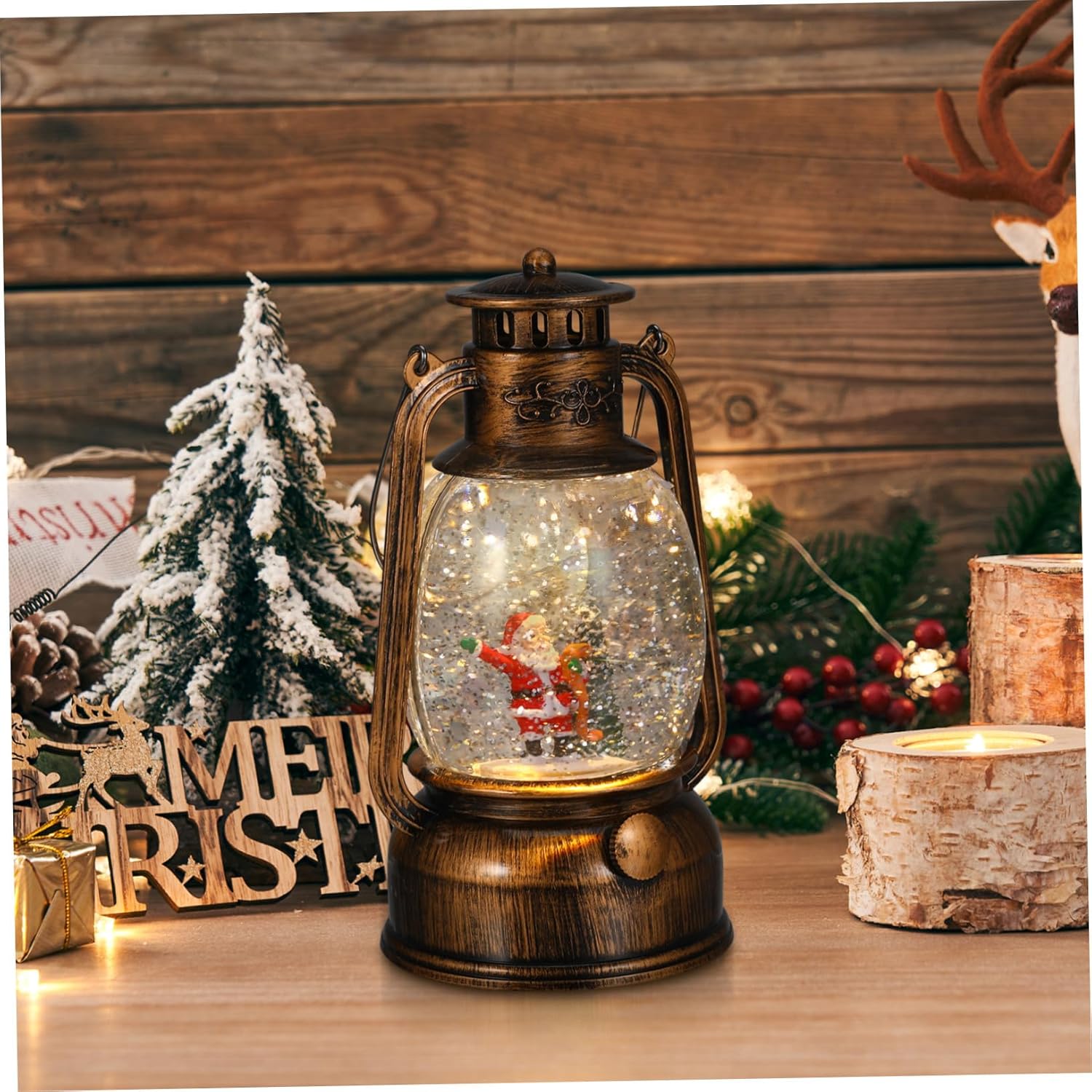 Unomor Lighted Christmas Snow Globe Lantern with Santa and Tree Musical Glittering Holiday Decor for Table Centerpiece USB and Battery Operated Festive Accent for Fireplace and Indoor Use