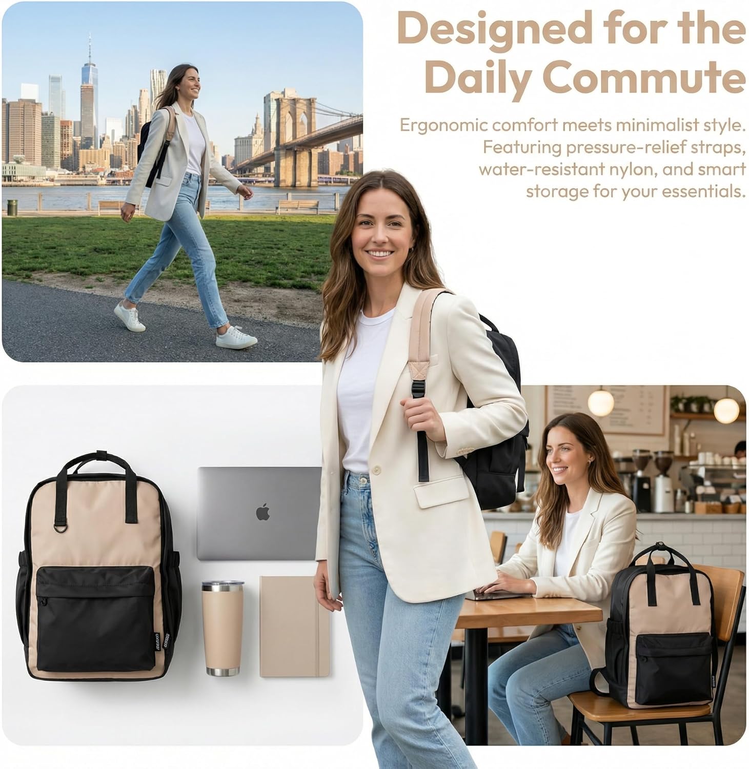 Small Beige Aesthetic Backpack for Women,Cute Stylish Purse backpack for Women,Elegant Simple Mordern, Multi colored Bookbag for College (Beige)