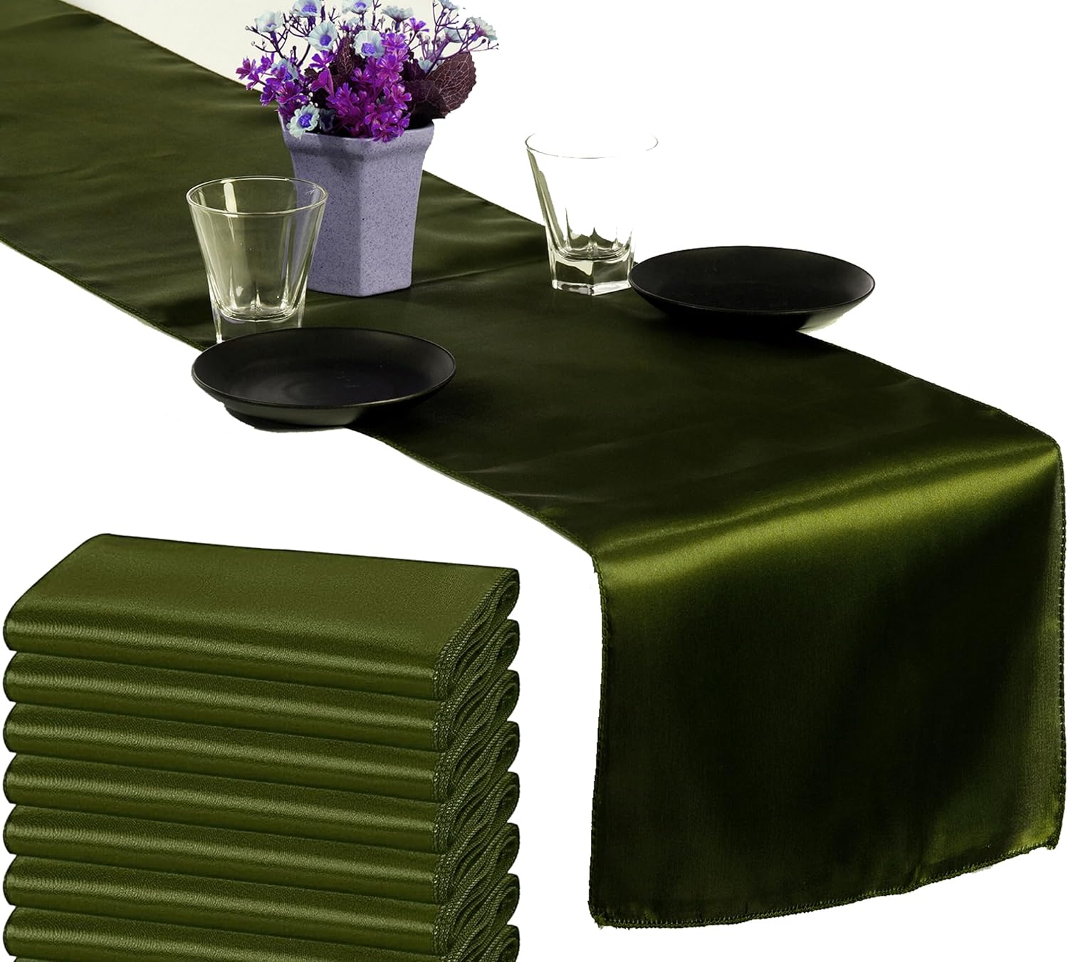 VDS Pack of 20 Satin Table Runners Charmeuse Sateen Silk Centerpiece Cloth Linen for Wedding Birthday Graduation Engagement Ceremony Event Party Banquet Table Decoration (12x108 inch)(Olive Green)