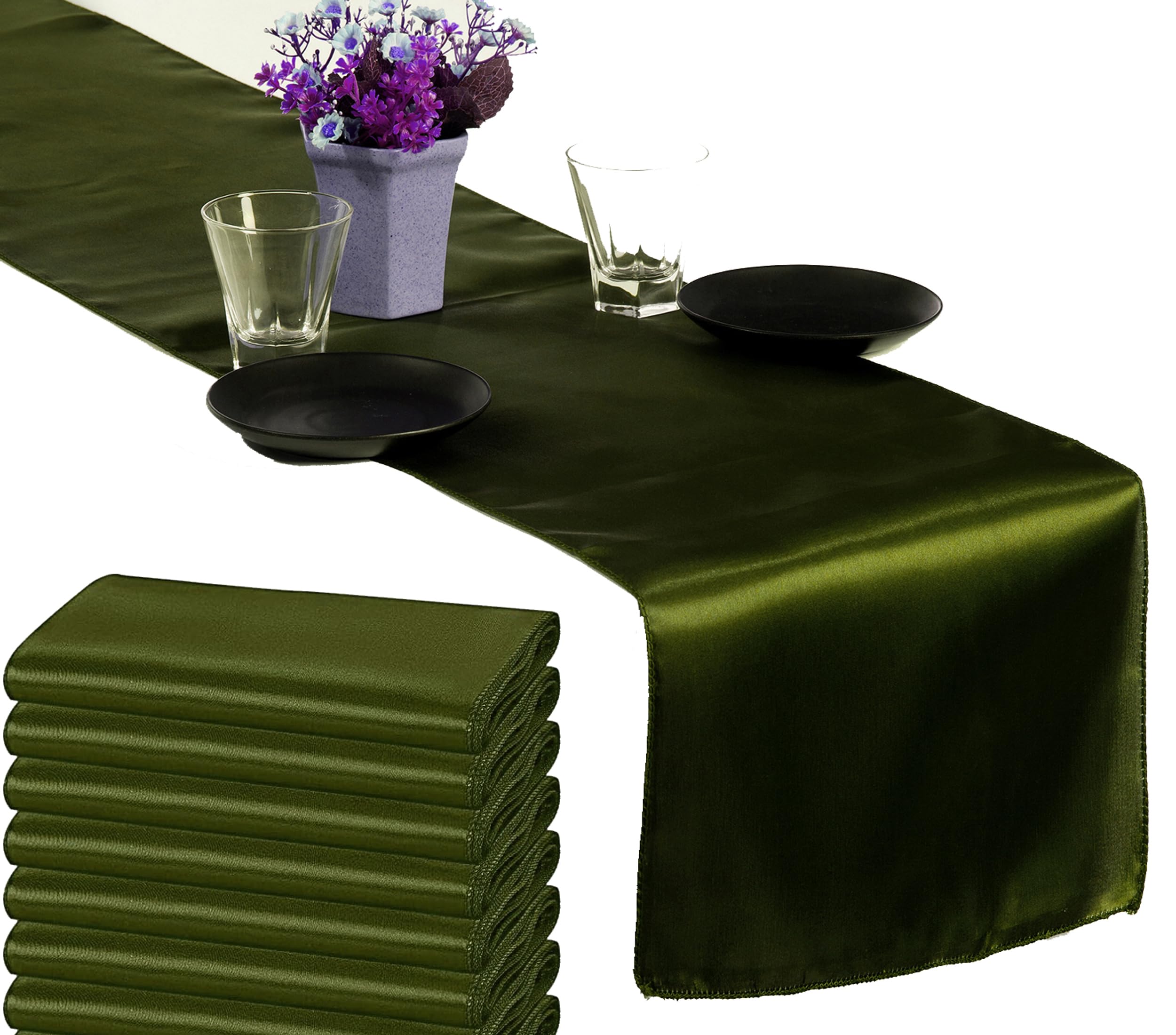 VDS Pack of 15 Satin Table Runners for Wedding & Party Décor 12” x 108”, Smooth Glossy Sateen Fabric Runner, Dining Table Decoration for Reception Banquet & Events Hotel Restaurant - Olive Green