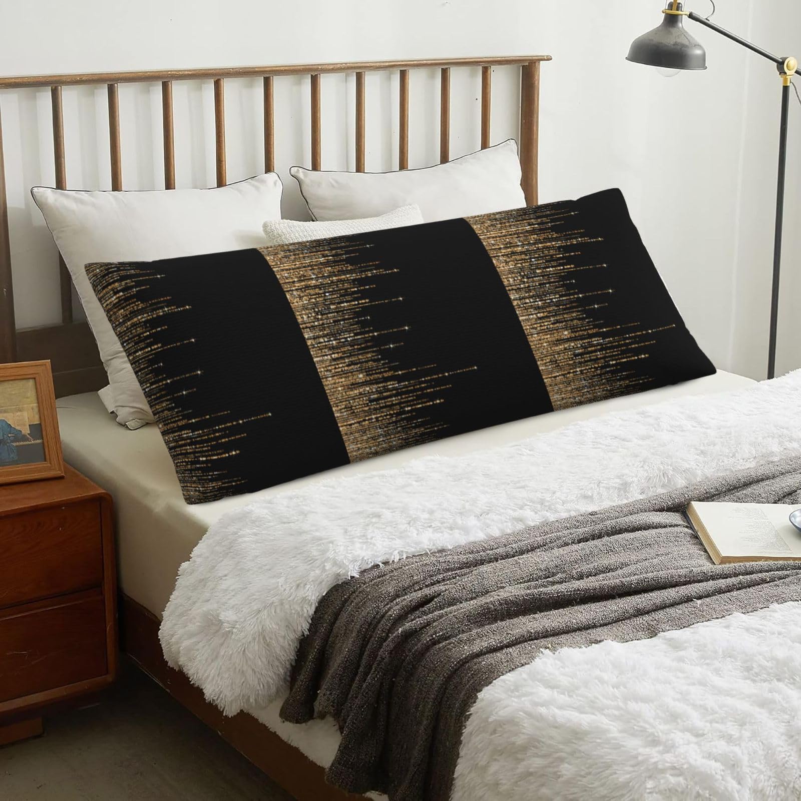 Black Gold Sparkly Glitter Fringe, Body Pillow Cover with Zipper,Long Body Pillowcase 20 x 60 in