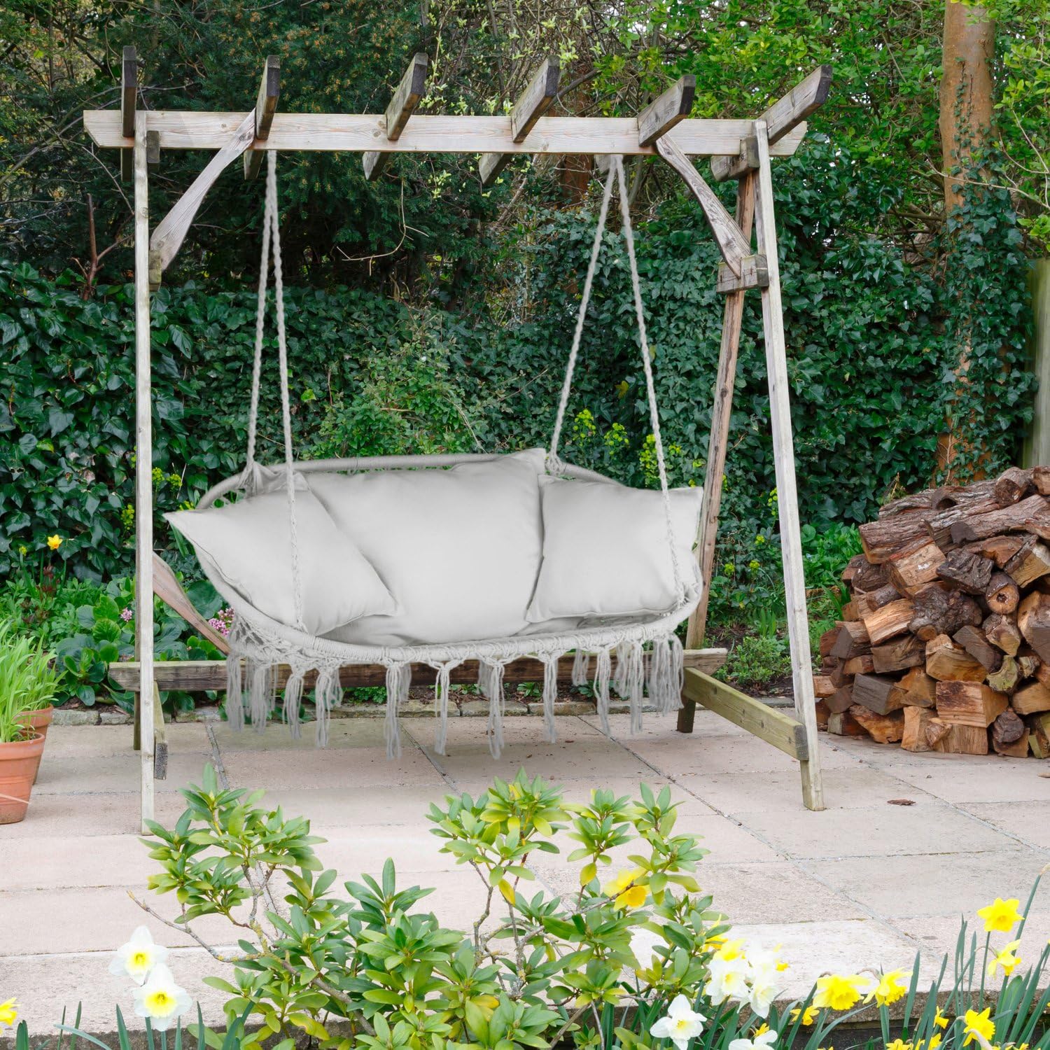 Fauteuil Suspendu 2 Personnes XXL avec 3 Coussins, Chaise Suspendue de jusqu'à 200 kg, Siège Suspendu Exterieur et Intérieur pour 2 Place, Fauteuil Balancoire Bohème, Ideal pour Jardin, Gris