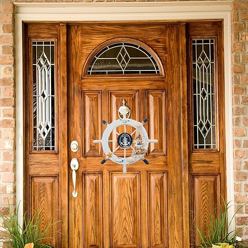 Miniatura 6 de Decoración para volante de barco, decoración de pared de timón de madera de 11 pulgadas, adornos de playa con red de pesca, patrones de gaviota,