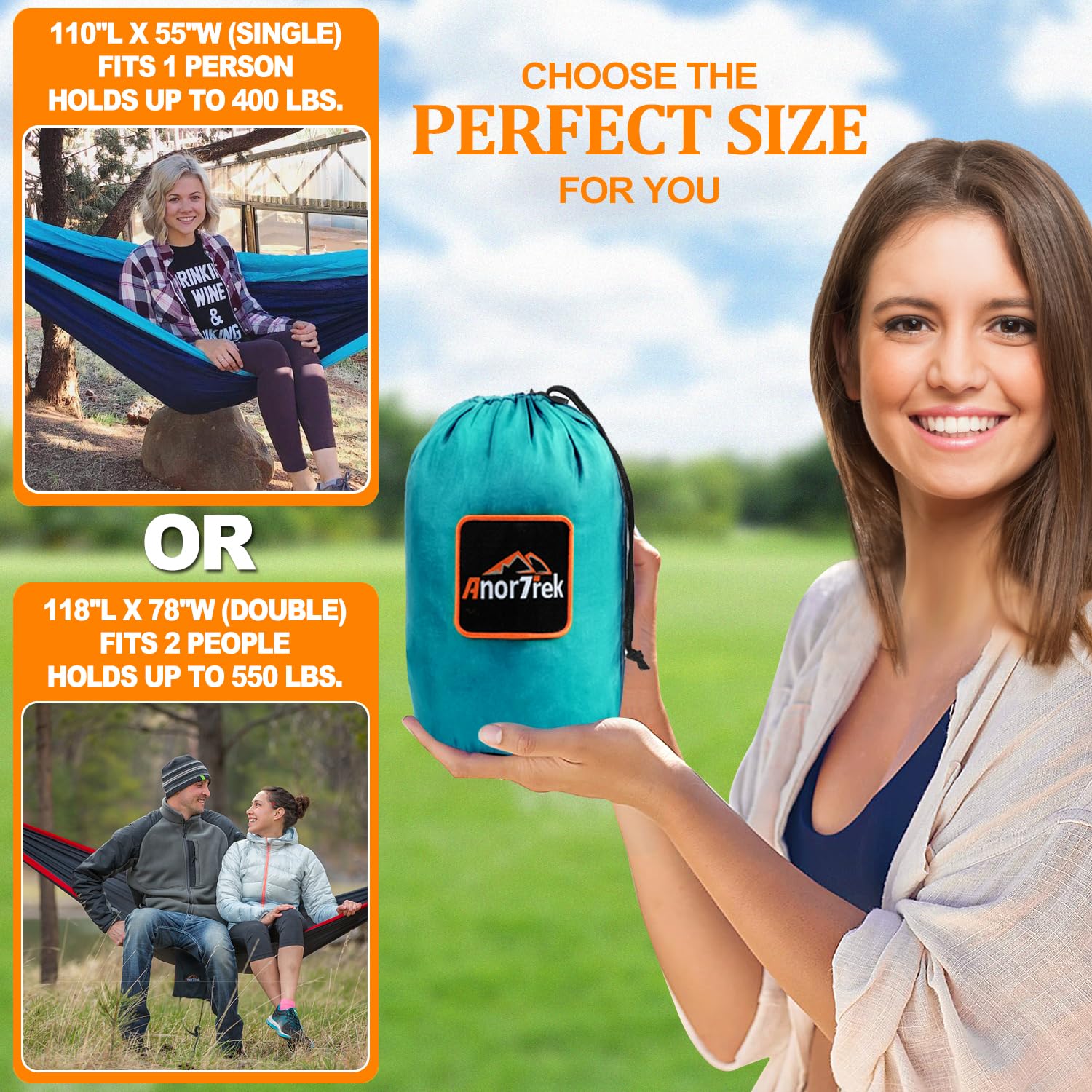 Anortrek lekki przenośny hammock Single & Double Hammock with Tree Straps [30 ft/18+1 Loops], Parachute Hammock na kemping, wędrówki, do ogrodu, podwórka (pomarańczowa i szara, podwójne 78''W x 118''L)
