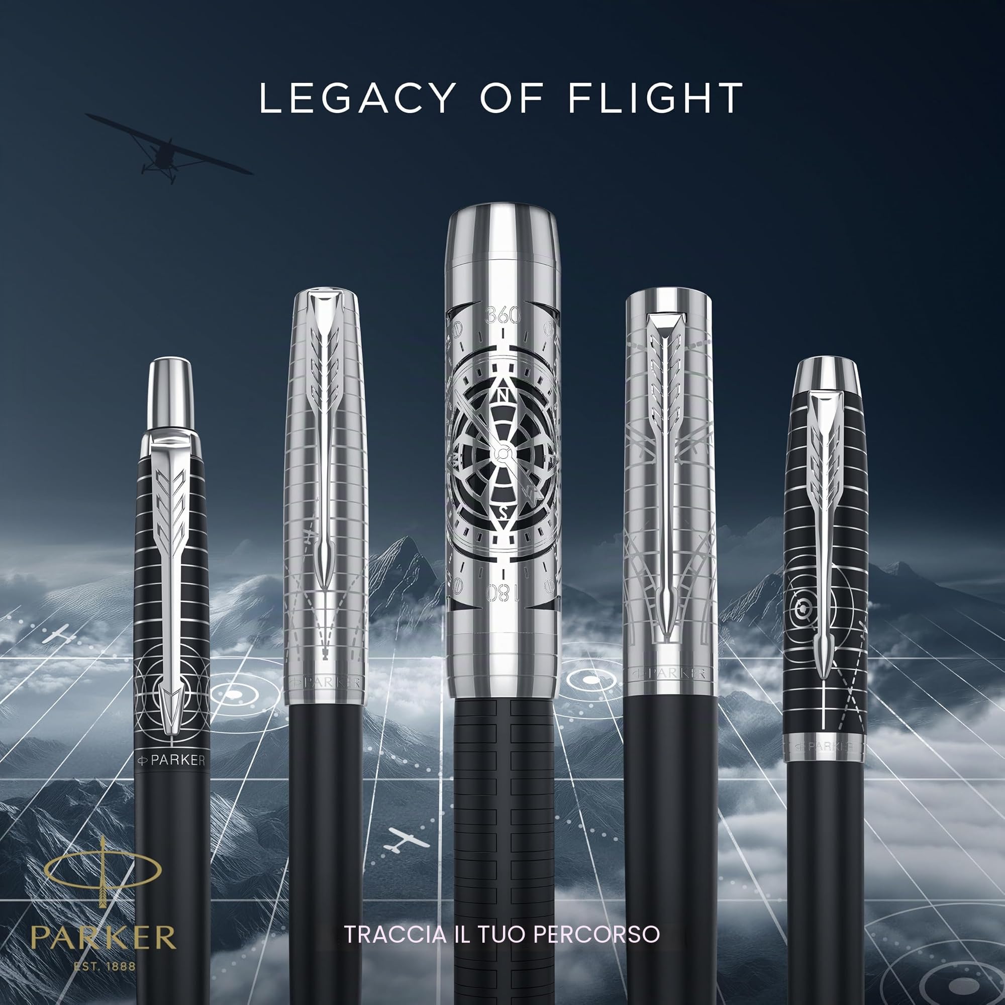 Parker IM Premium Penna Stilografica | Collezione Legacy of Flight | Rifiniture Cromate | Pennino Fino | Inchiostro Blu | Confezione Regalo