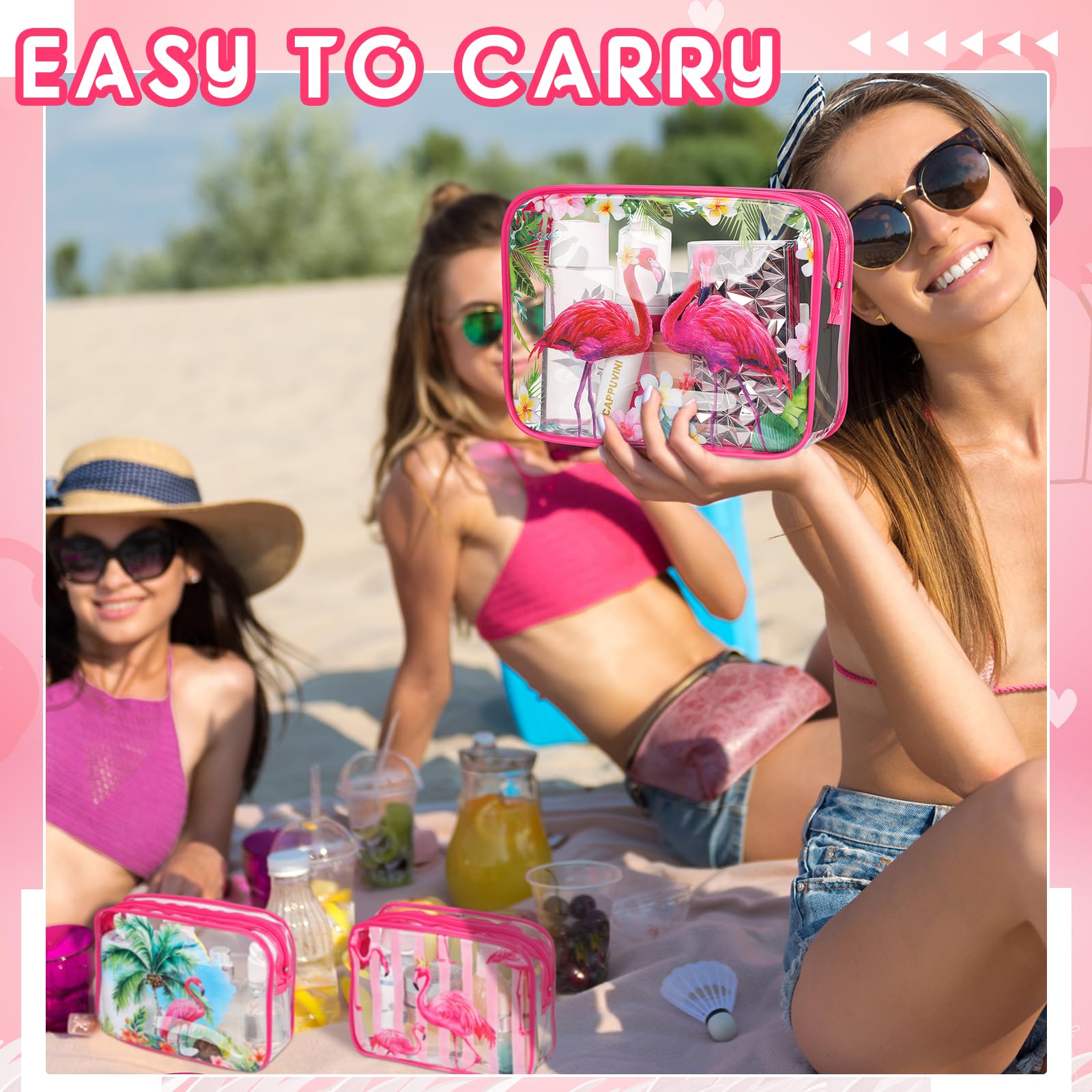 Transparente Make-up-Taschen mit Flamingo-Muster für Damen, adrette Kosmetiktaschen mit Reißverschluss, rosa Lächeln, Blitz, Sommer, transparent, PVC, wasserdicht, Reise-Kulturbeutel für