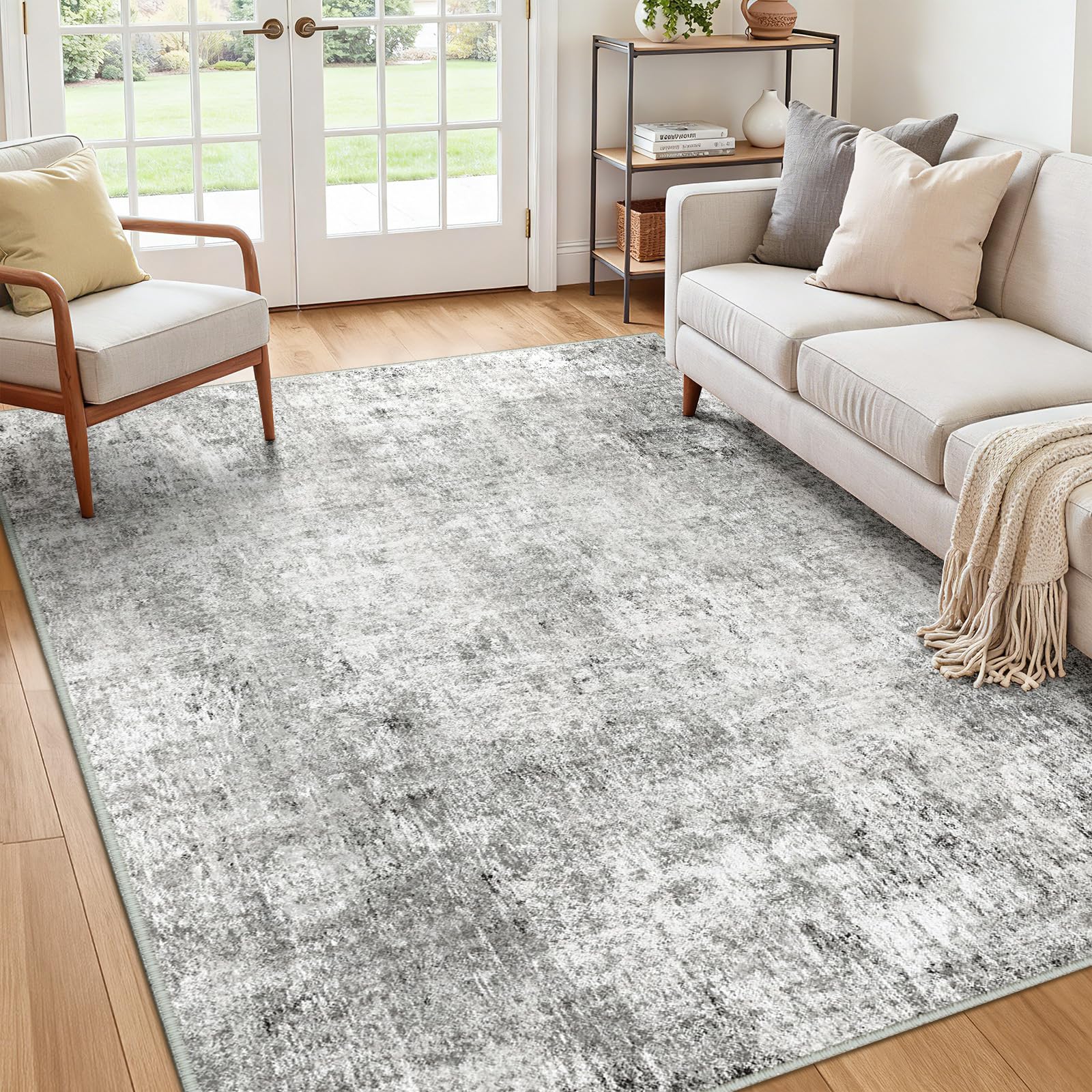 Washable Area Rugs 5'x7' Non-Slip Modern Abstract Soft for Living Room Entryway Bedroom Nursery, Print Pattern, Gray White Grey