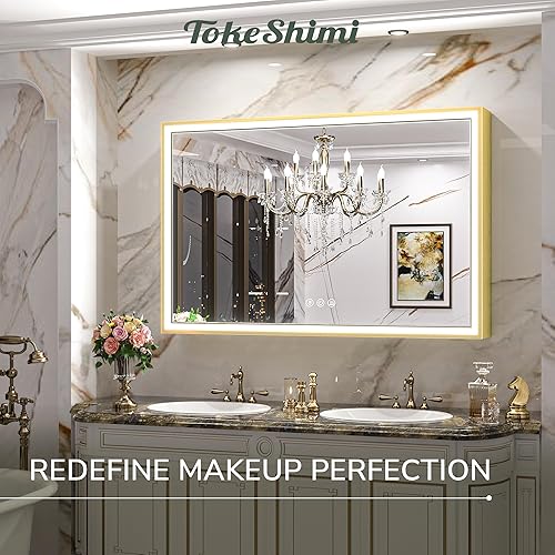 Miniatura 2 de TokeShimi Espejo de tocador de baño LED dorado de 48 x 30 pulgadas para pared con luz biselada en ángulo de 45, 3 colores, antivaho, marco mate de