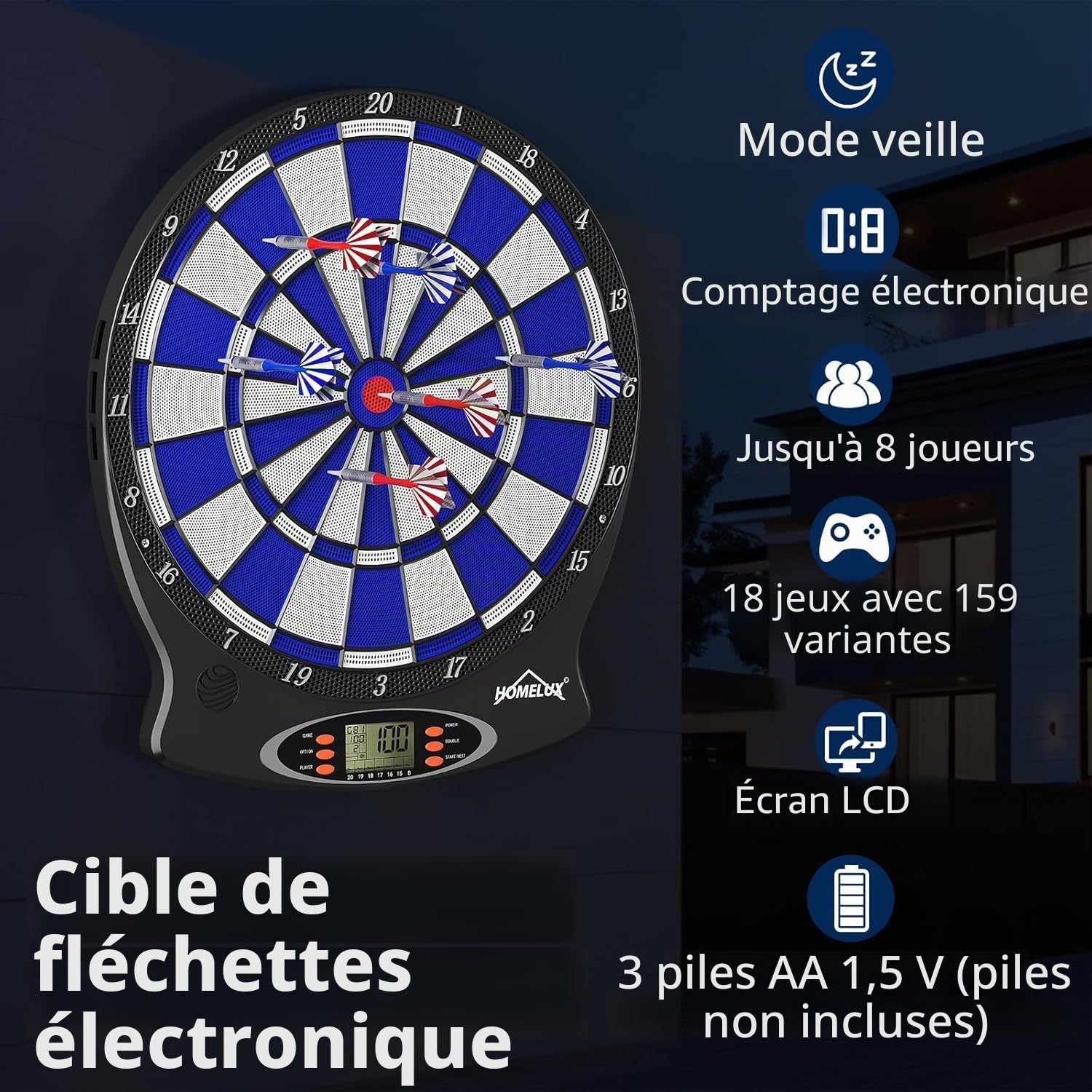 Cible de fléchettes électronique, cible électronique de fléchettes électronique, cible de fléchettes professionnelle avec 6 fléchettes, machine à fléchettes innovante électronique avec 18 jeux et 159