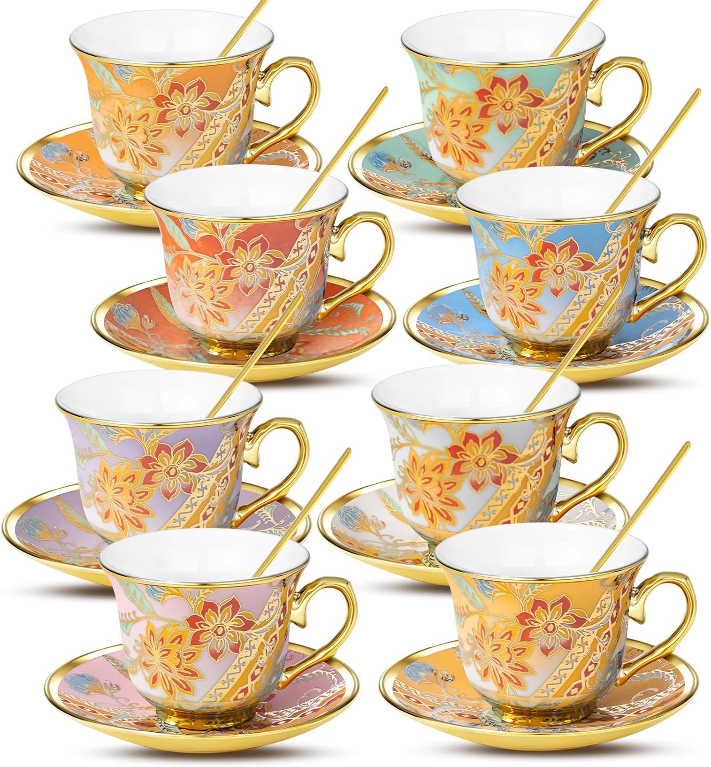 Tea Cups and Saucers Set of 8, 8 OZ Floral Tea Cup with Saucer, Vintage Tea Cups Porcelain Tea Set with Spoon for Latte , Mocha , Afternoon Tea Birthday Party Supply Thanksgiving Day Halloween gifts