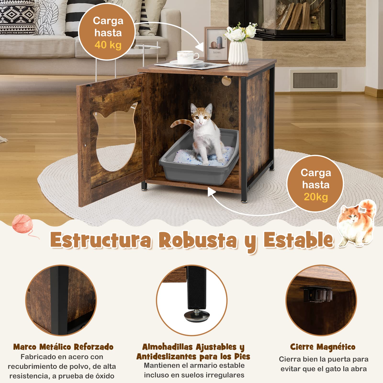 COSTWAY Mueble Arenero Gatos, Mueble Arenero para Gatos Baño Privado, Lavabo Oculto para Gato con Puerta, Estructura Metálica Interior Decorativa para Gatos Grandes & Pequeños, 50x53x55cm