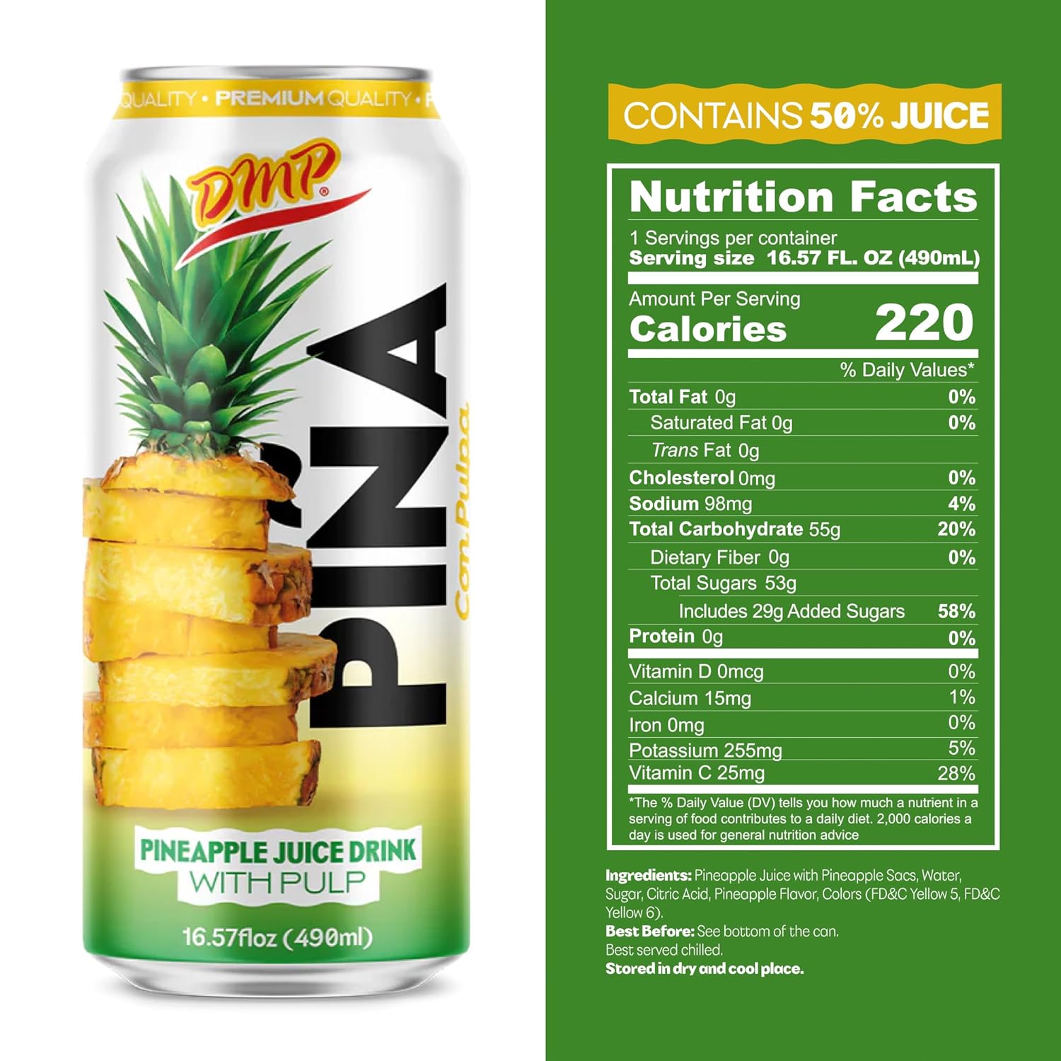 De Mi Pais Pineapple Juice with Pulp, Premium Quality Canned Beverage, Refreshing Piña Fruit Drink, Organic Pineapple Juice, Perfect for Groceries, Size 16.57 Fl Oz, 6-Pack