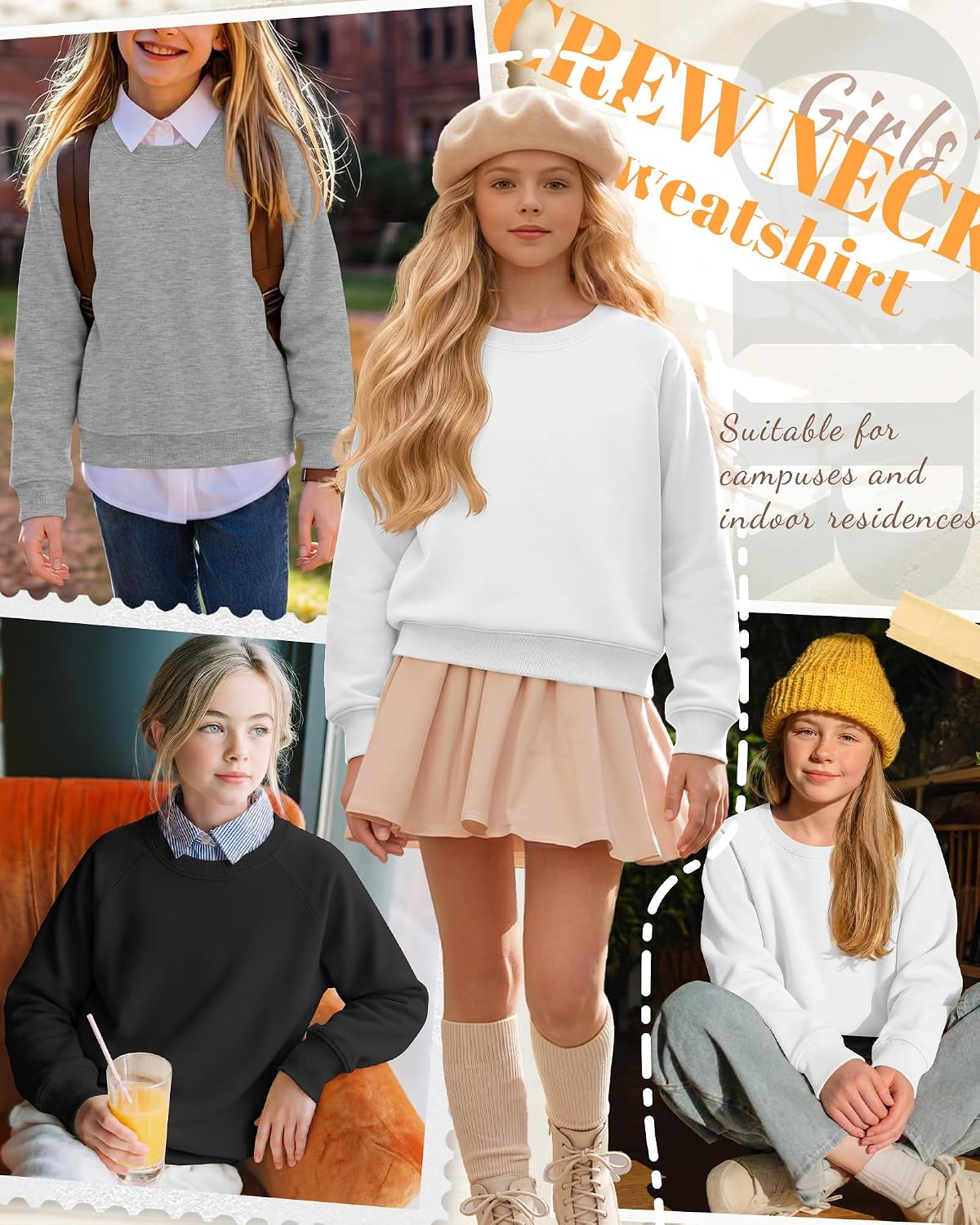 3 Pack Girls' Long Sleeve Sweatshirt Kids Crewneck Regular Fit Shirts Teens Lightweight Pullover Tops for 5-14 Y