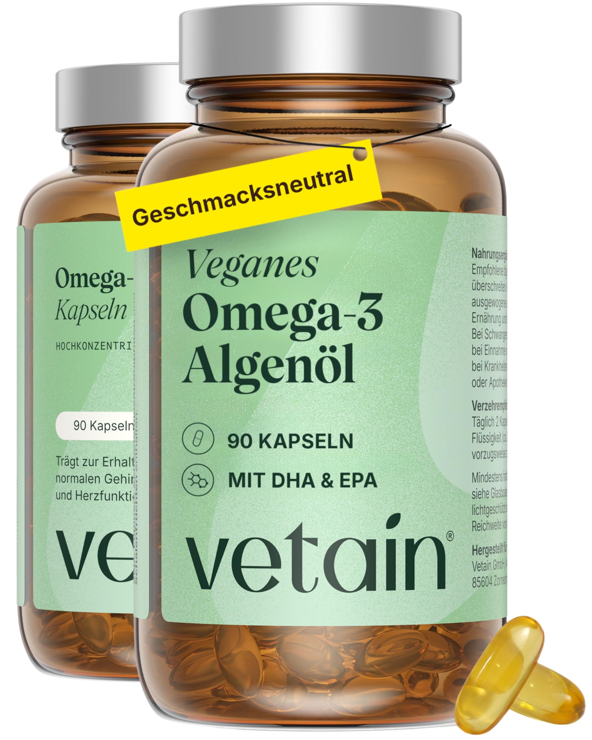 VETAIN Omega 3 Vegan - 963 mg Algenöl pro Tagesdosis: 300 mg DHA + 150 mg EPA - Hochdosiert, ohne Carrageen & künstliche Zusätze - Geschmacksneutral - produziert in Deutschland - 180 Kapseln