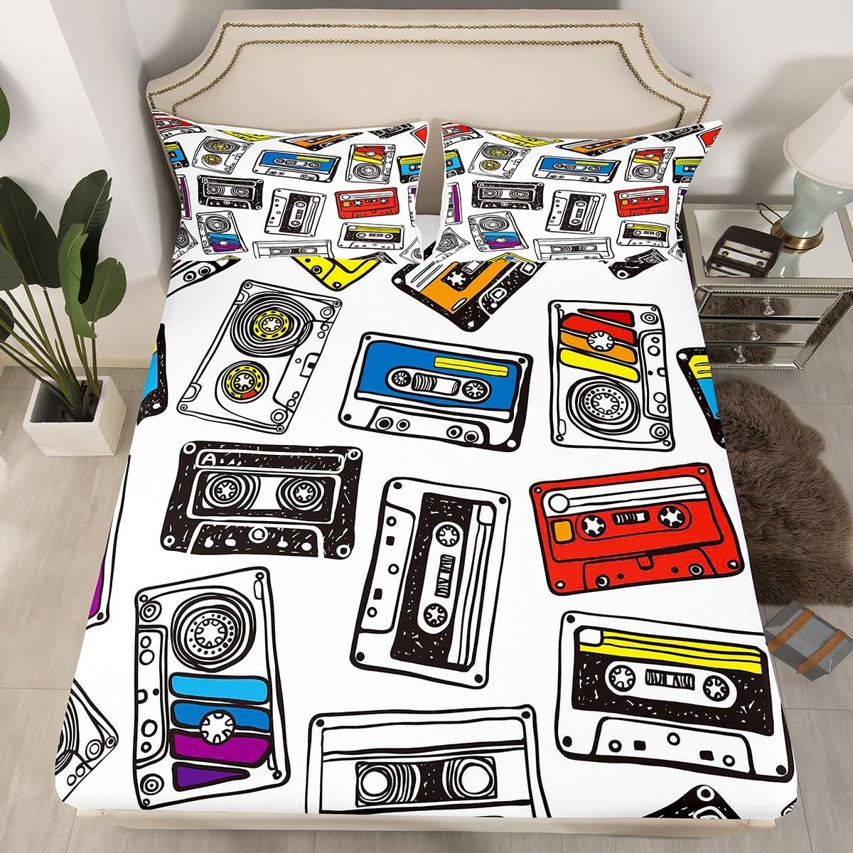 Erosebridal Vintage Old Fashion Bed Set Retro Audio Cassette Bed Sheets Set, Colorful Music Record Player Sheet Set Queen Red Black White Cassette Tape Sheets, 70s 80s Party Top Sheet