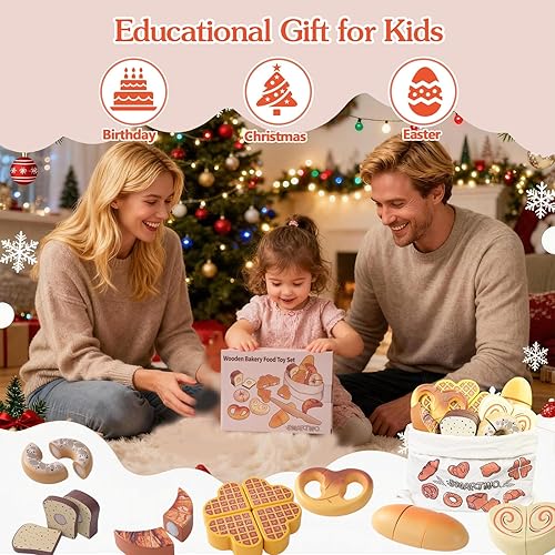 Miniatura 7 de Juego de madera para panadería, juguetes de comida, juego de cocina para niños, accesorios de cocina con bolsa de almacenamiento, regalo educativo