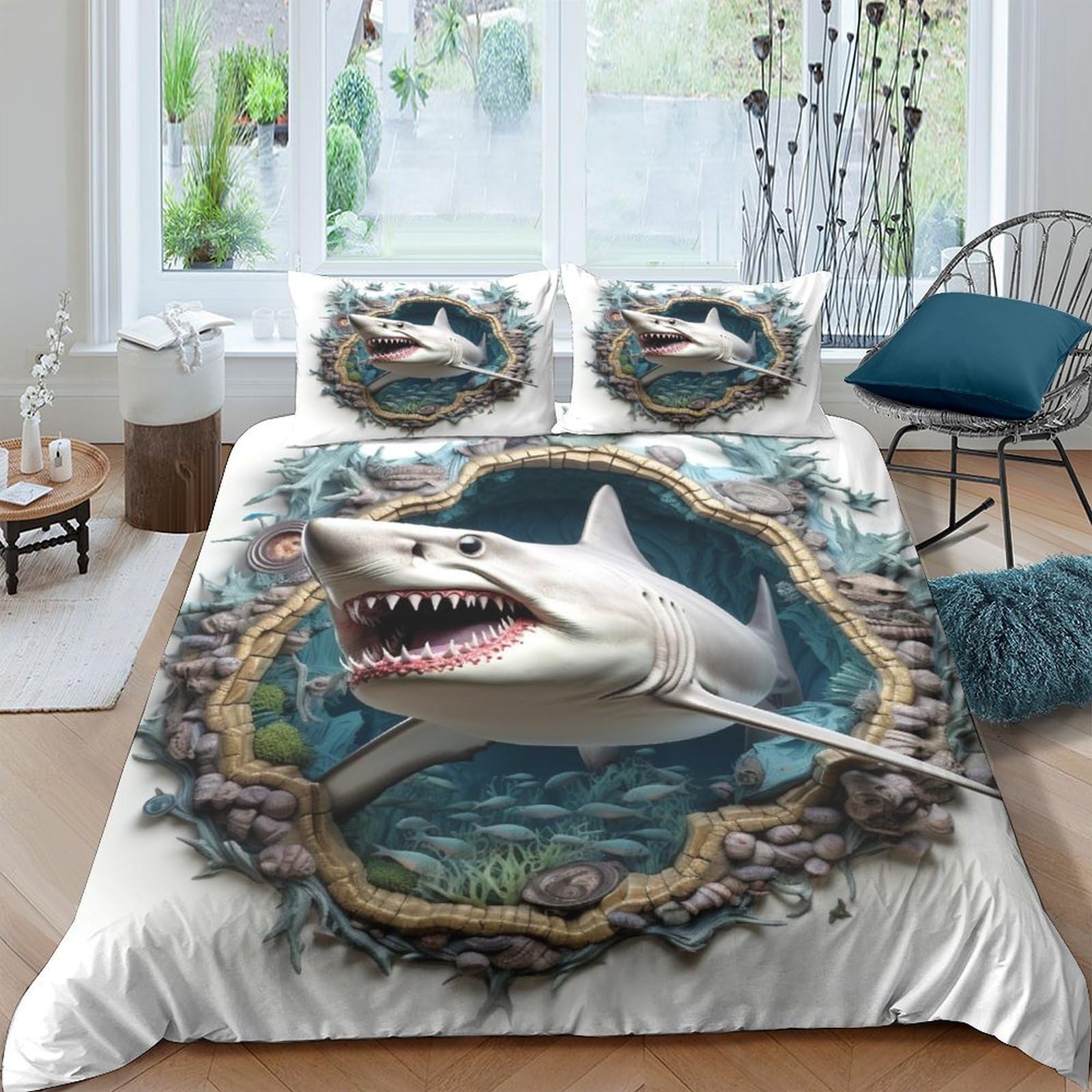 Housse de couette requin 3D personnalisable parure de lit double 200x200