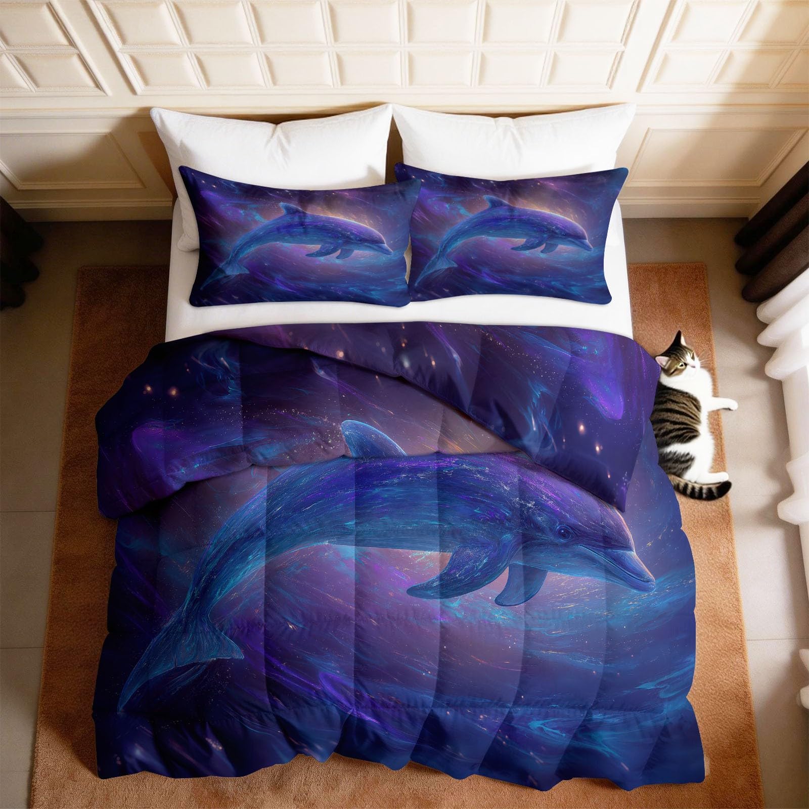 Générique Viola 200 x 200 cm Piumino 4 stagioni Animale Fantasia Delfino Cielo Stellato Trapunta Estate per Letto 2 Persone, Rami Grigii Edredon Legere, Reversibile Lavabile Piumone Senza Houss