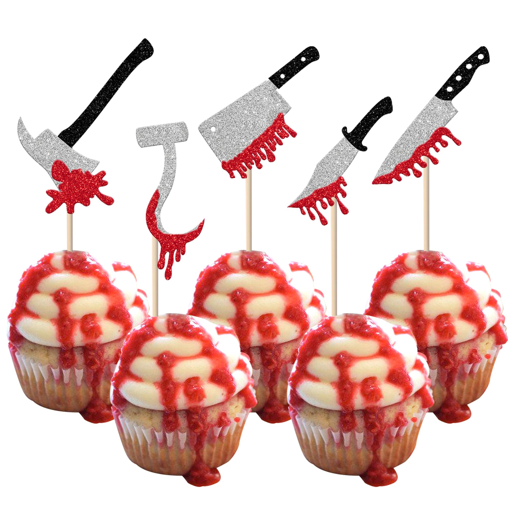 SYKYCTCY 30 Pack Halloween Knife Cupcake Toppers Glitter Scary Bloody Knife Cupcake Picks Killer Birthday Cake Decorations for Happy Halloween Theme Baby Shower Party Supplies