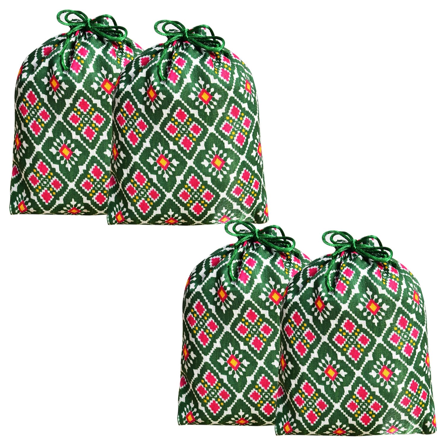 kuber industries Potli | Silk Wedding Potli | Drawstring Closure Potli | Wallet Potli | Christmas Gift Potli | Baby Shower Potli | Patola-Print Potli | Medium | 7x9 Inch | Pack of 4 | Green-picture-22
