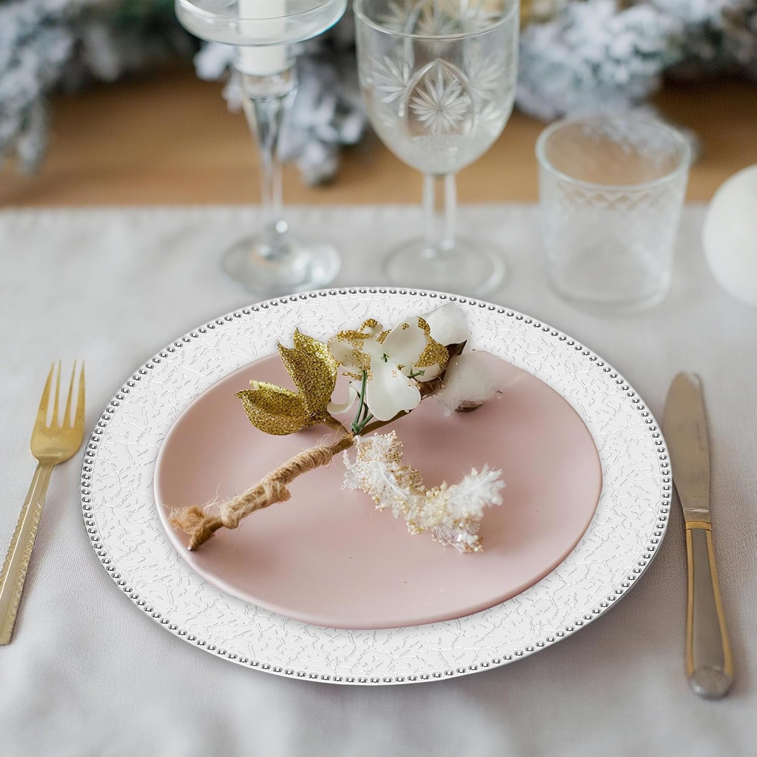 12-Piece Charger Plate Set, Silver Plastic Dinner Chargers 13 Inch for Anniversary Home Decor Table Setting (Lucky Silver, 12 PCS)