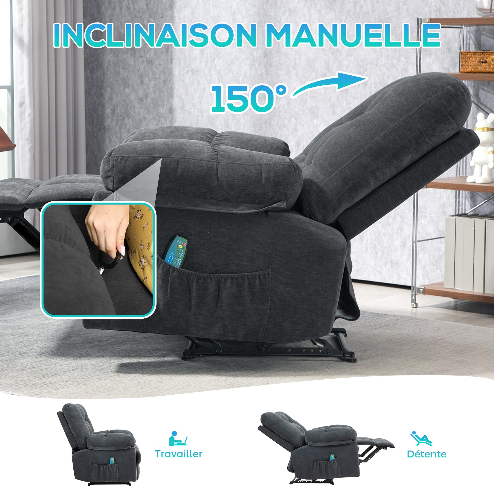 HOMCOM Fauteuil de massage fauteuil relax électrique avec vibration et chauffage, fauteuil relax inclinable manuellement, chaise TV chaise de relaxation repose-pied, télécommande, poche latérale, gris