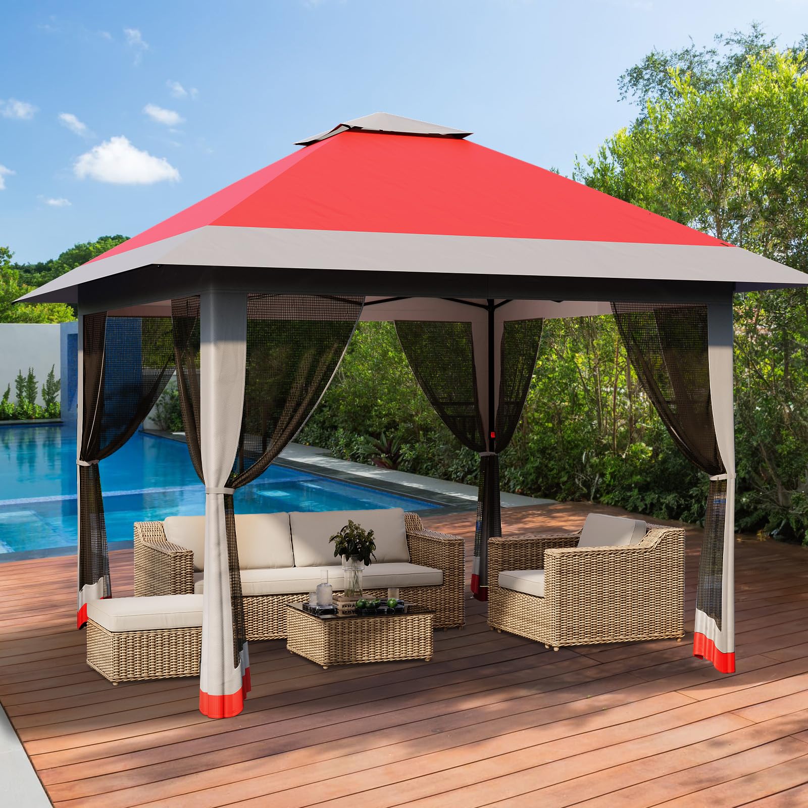 4 x 4 m Pop Up Gazebo, Waterproof Pop Up Tent with 4 Mosquito Net Side Panels, Heavy Duty Gazebo with Carry Bag, 360° Ventilation, Instant Event Shelter for Patio, Garden, Family Parties and Camping