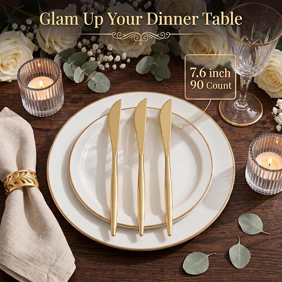 I00000 90 Pcs Gold Plastic Knives,Plastic Silverware, Gold Disposable Utensils, Heavy Duty Disposable Knives Dinnerware Perfect for Parties, Wedding & Dinners