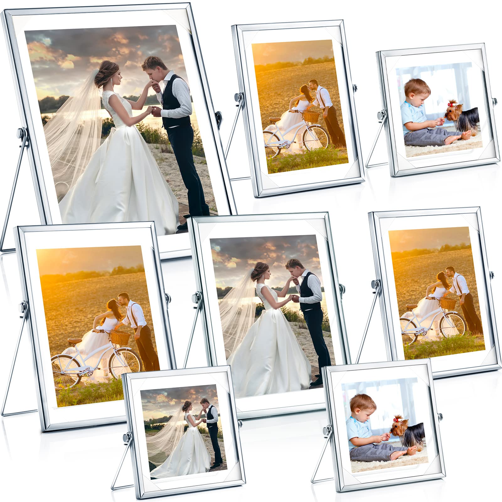 Photo 1 of 8 Set Floating Frame Glass Picture Frame Bulk Metal Photo Frames Includes 8 X 10, 4 X 4, 4 X 6, 5 X 7 Inch Floating Frames for Pictures Numbers Dried Flowers Place Cards Desk Tabletop Display (Silver)